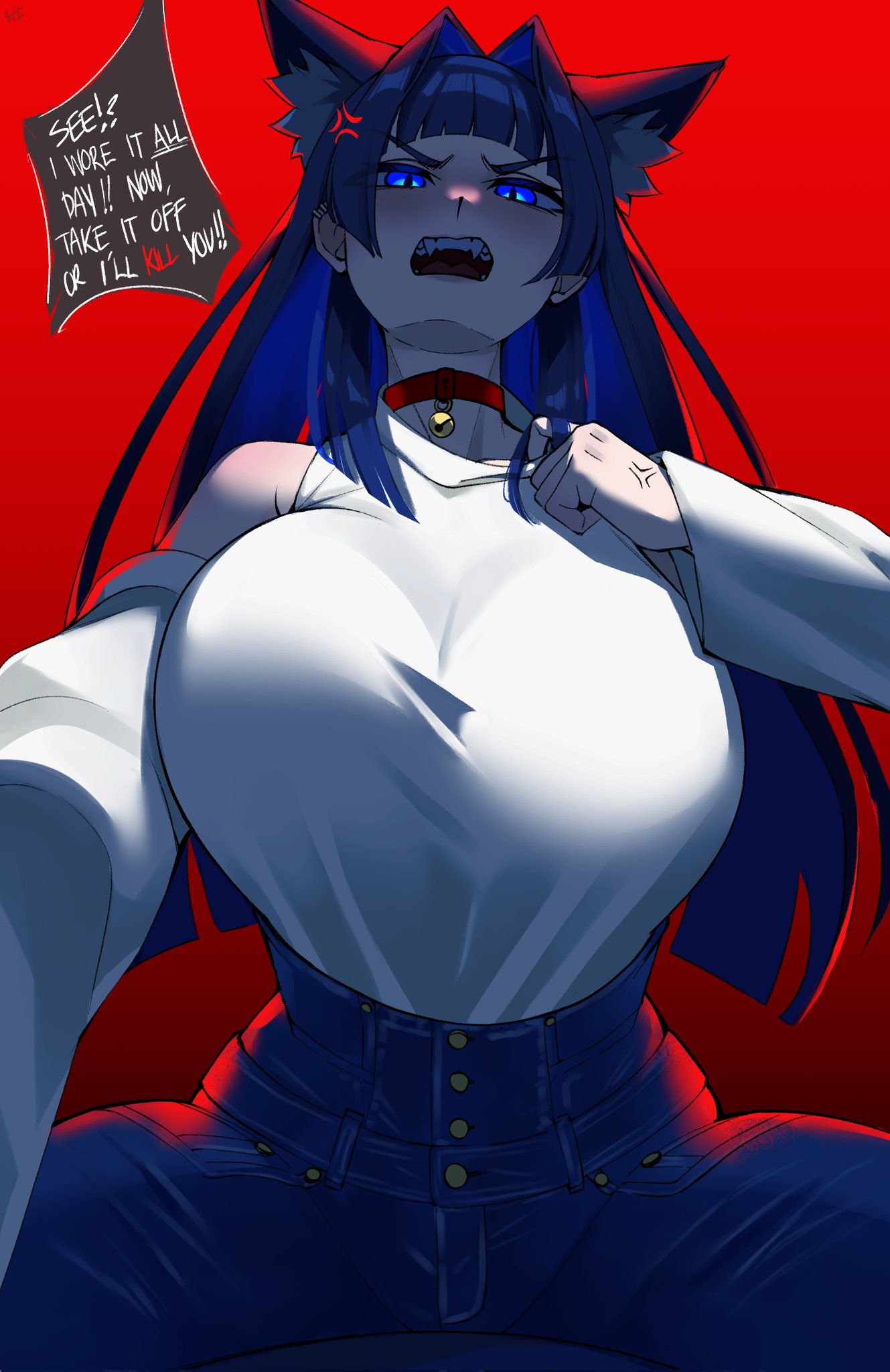1girls, anger vein, animal ears, bell, big breasts, black hair, blue eyes, blue hair, blue pants, breasts, cat ears, choker, clarkekitsp, colored inner hair, denim, english text, female, female only, highres, hololive, hololive english, huge breasts, jeans, long hair, looking at viewer, multicolored hair, neck bell, official alternate costume, official alternate hairstyle, open mouth, ouro kronii, ouro kronii (casual), pants, red background, red choker, solo, speech bubble, sweater, virtual youtuber, white sweater