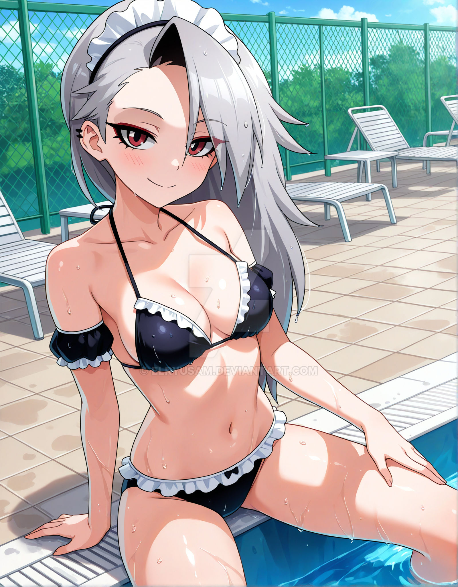 2025, accessory only, ai generated, belly, bikini, black dot eyes, closed mouth smile, deviantart, elryusam, female only, gray eyebrows, gray hair female, hand on lap, hand on leg, helluva boss, human loona, looking at viewer, loona (helluva boss), maid bikini, maid bracelet, maid headdress, medium hair female, pool background, red eyes female, sitting on lap, smile at viewer, smiling at viewer, teenage girl, tummy, vivziepop, wet body, wet face, wet hair, wet head, youtube