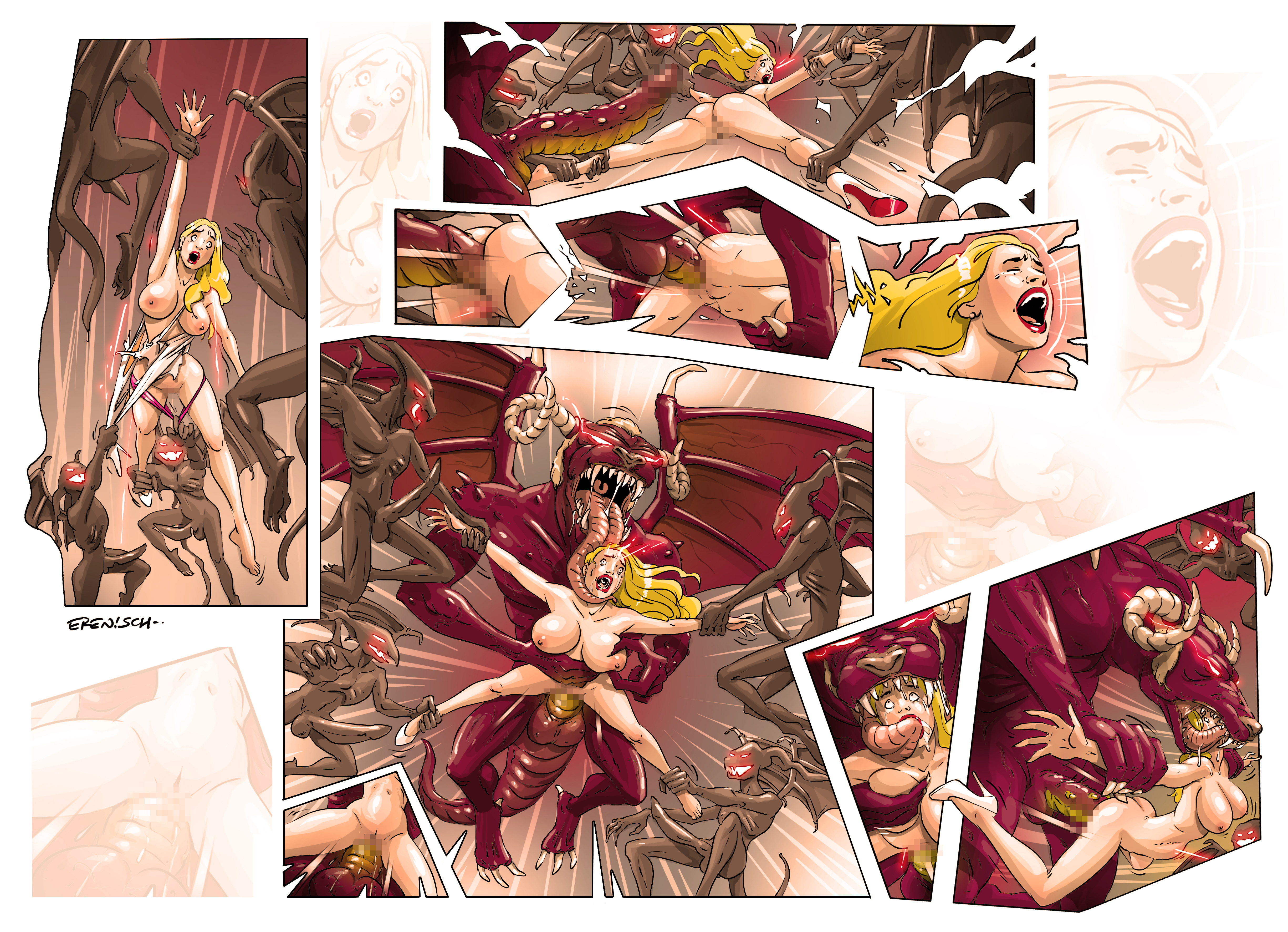 blonde hair, censored, comic, demon, dragon, erenisch, flying, forced spreading, head in mouth, horror, large penis, monster, monster on female, peril, rape, size difference, spread legs, tongue in mouth, torn clothes, yokai