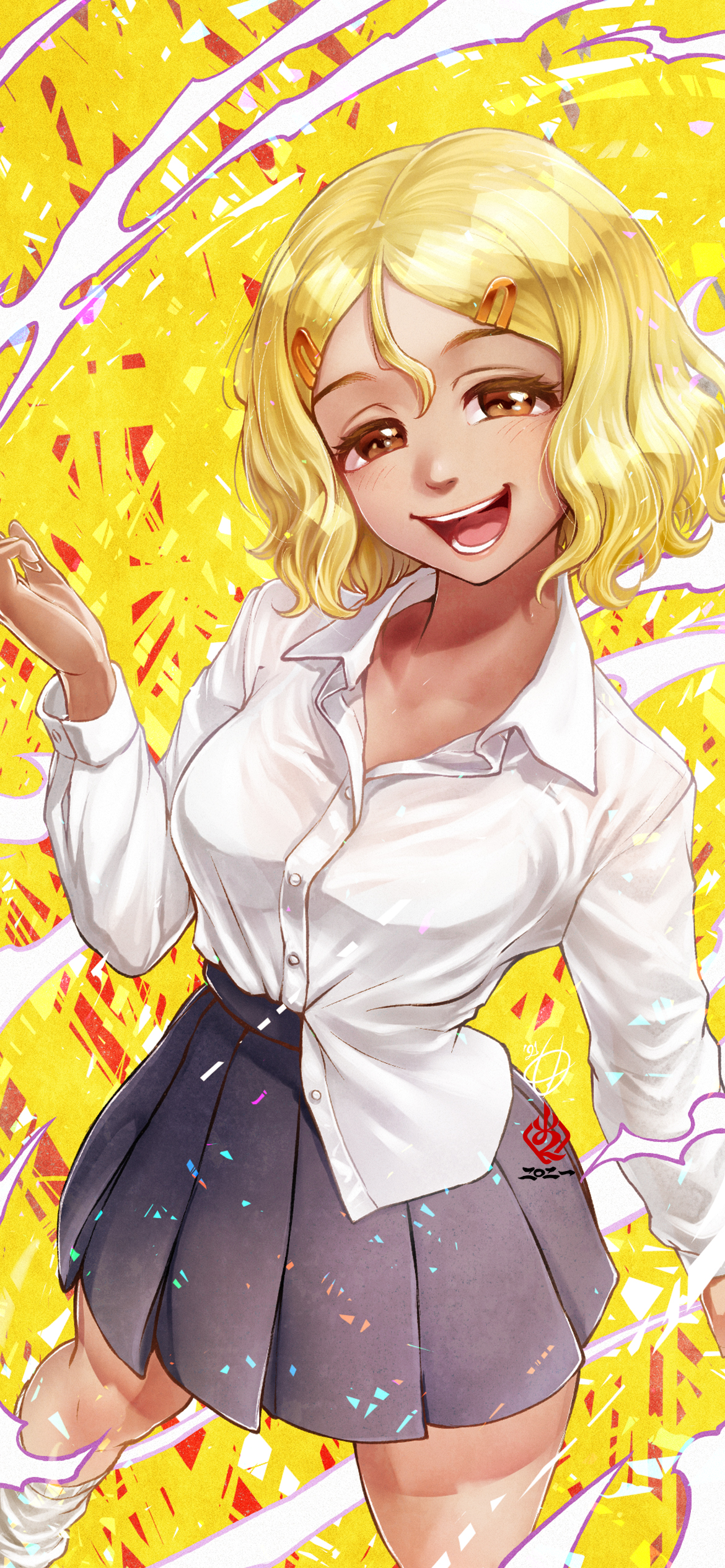 1girls, amaguchi chiyoko, big breasts, blonde hair, breasts, brown eyes, cleavage, curvy, detailed background, female, female focus, female only, hi res, open mouth, please don't bully me, nagatoro, pose, sakura (nagatoro), skirt, solo, spread legs, watermark, wide hips
