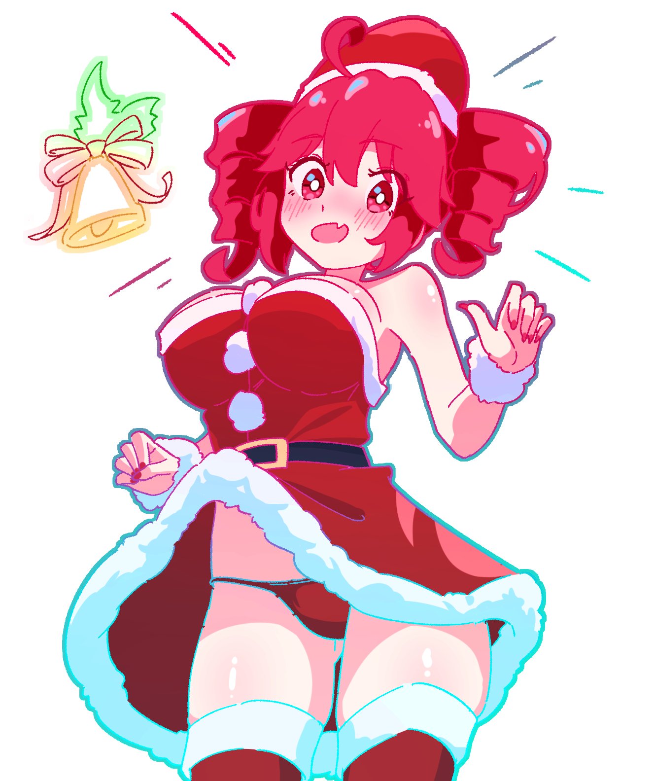 1girls, 2d, 2d (artwork), ahoge, ass visible through thighs, bell, belt, big breasts, big thighs, blush, blush lines, blushing, blushing profusely, breasts, christmas, christmas outfit, curvaceous, curvy, curvy female, curvy figure, dress, dress lift, embarrassed, embarrassed female, fang, fangs, female, female only, flesh fang, huge breasts, huge thighs, kasane teto, large breasts, large thighs, long nails, looking at viewer, low-angle view, mistletoe, nail polish, open mouth, painted nails, panties, red eyes, red hair, red nails, red panties, rivetingroast, round breasts, santa hat, shiny skin, simple background, skirt, slim waist, solo, solo female, stockings, surprised, surprised expression, thick thighs, thighhighs, thighs, twin drills, twintails, updress, upskirt, utau, white background, wide hips, wind lift
