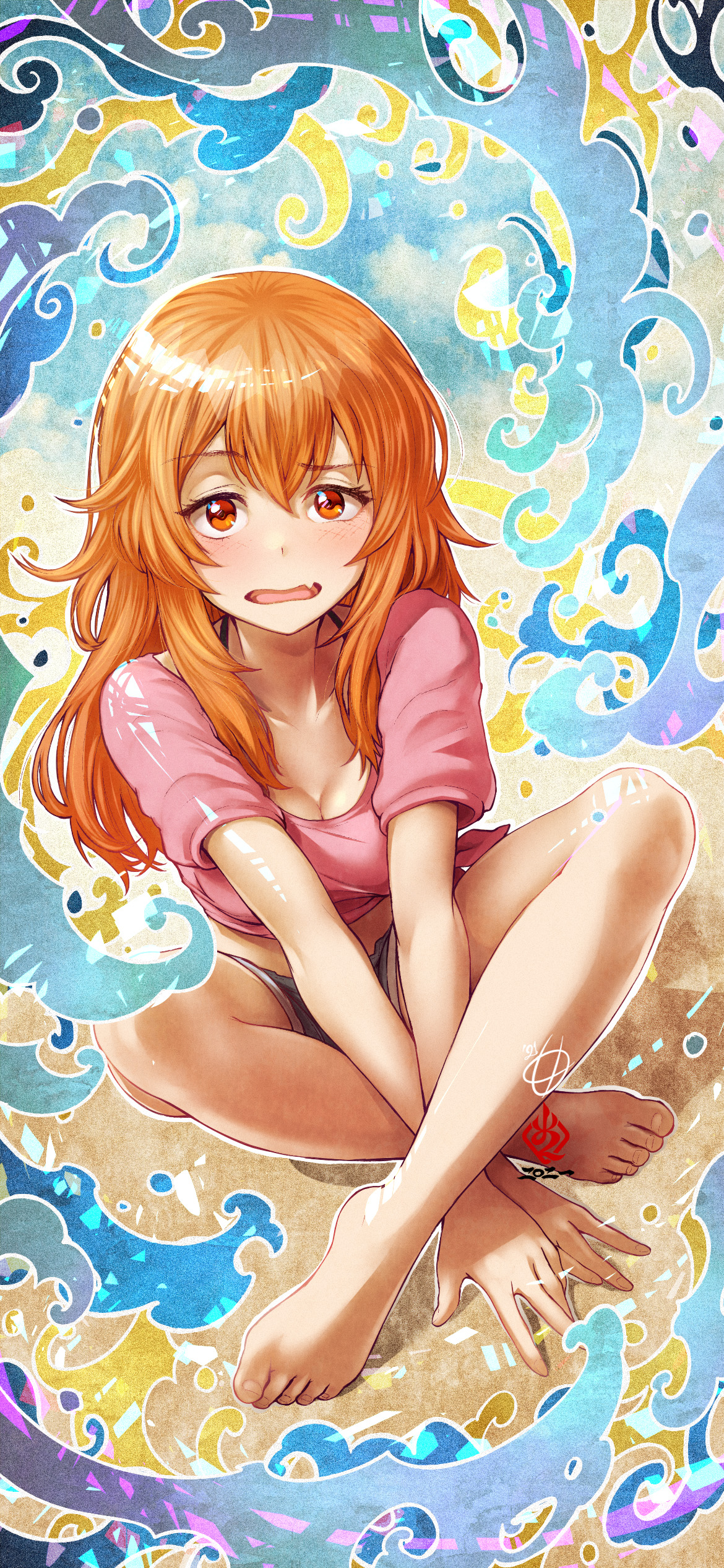 1girls, amaguchi chiyoko, barefoot, beach, big breasts, blush, breasts, cleavage, curvy, detailed background, feet, female, female focus, female only, gamo-chan, hi res, long hair, open mouth, orange eyes, orange hair, please don't bully me, nagatoro, sitting, solo, spread legs, watermark, wide hips