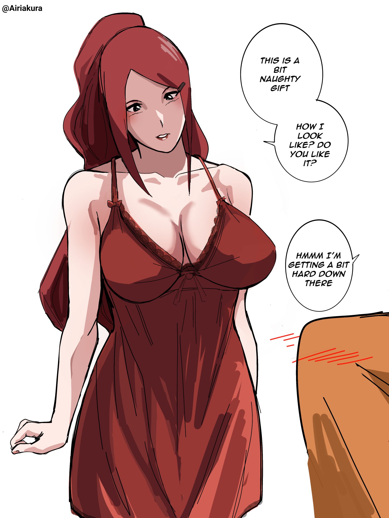 1boy, 1boy1girl, 1girls, age difference, airi akura, bare arms, bare shoulders, big breasts, bigger female, birthday, birthday present, black eyes, blush, busty, cheating, cheating wife, cleavage, comic, dialogue, dress, english text, erection, erection under clothes, erection under clothing, female, female focus, gift, hairclip, height difference, hi res, high resolution, highres, imminent sex, incest, inner sideboob, kushina uzumaki, large breasts, legs, light skin, light-skinned female, lingerie, lips, lipstick, makeup, male, mature, mature female, milf, mommy, mommy kink, mommy milkers, mother, mother and son, nail polish, naruto, naruto (series), naruto shippuden, naruto uzumaki, naruto: road to ninja, nightgown, nit bbw, older female, older female and younger male, painted nails, pale skin, pale-skinned female, parted lips, perky breasts, pink lips, pink lipstick, pink nail polish, pink nails, ponytail, pose, posing, posing for the viewer, present, red hair, red lingerie, shonen jump, short dress, shorter male, shounen jump, shueisha, smaller male, son, speech bubble, still hot milf, straight, taller female, text, tied hair, uzumaki kushina, uzumaki naruto, very high resolution, weekly shonen jump, weekly shounen jump, white background, younger male