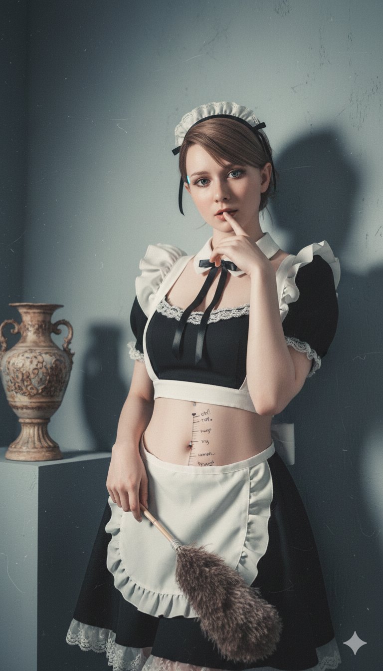 1girls, 3d, 3d (artwork), ai assisted, ai generated, android, belly button, blue eyes, body writing, brown hair, cuote4mikewhere, detroit: become human, kara (detroit: become human), maid, maid uniform, midriff, sexually suggestive, tagme, watermark