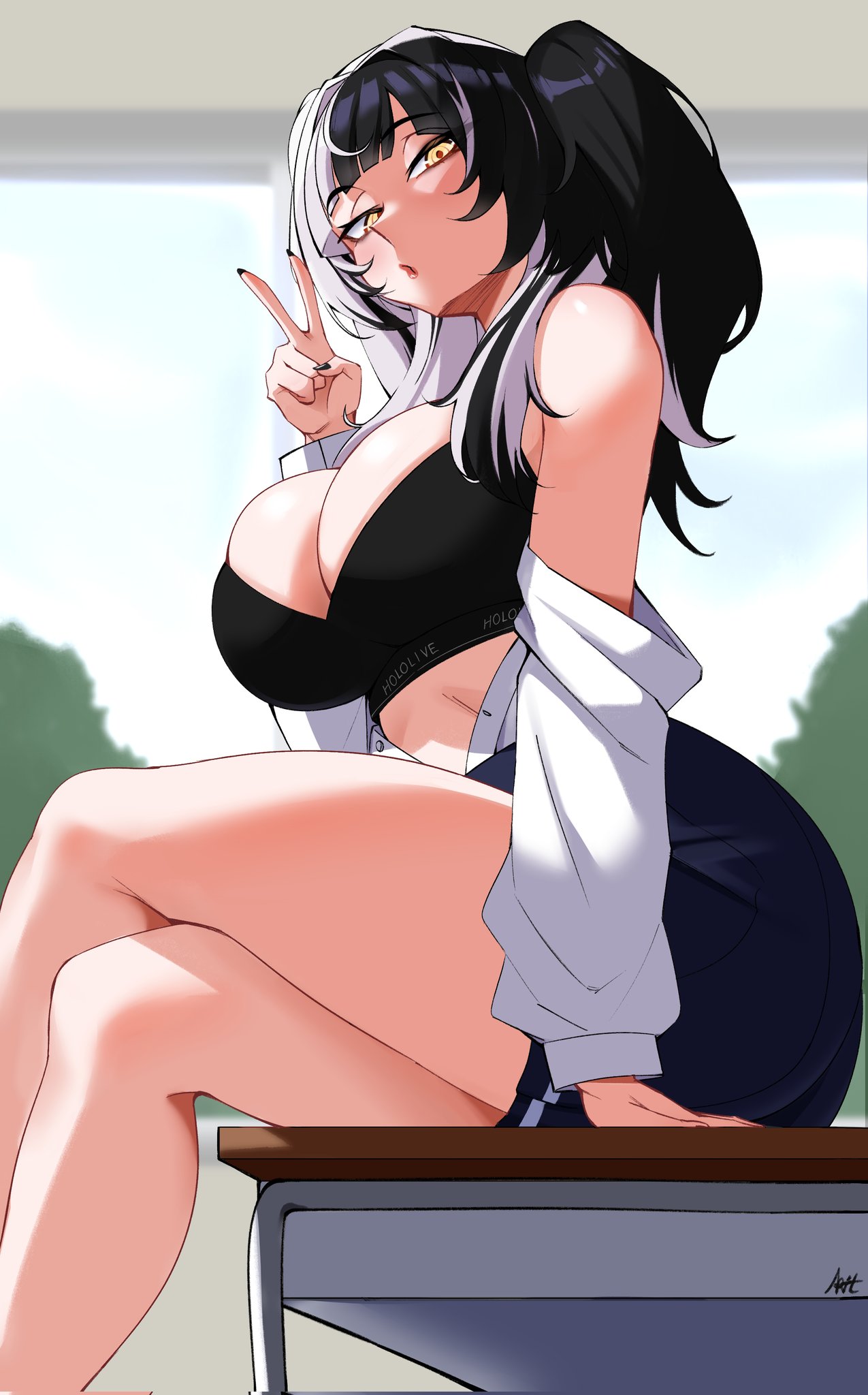 1girls, alternate costume, alternate hairstyle, black hair, breasts, clarkekitsp, cleavage, copyright name, desk, female, female only, grey hair, highres, hololive, hololive english, large breasts, long hair, looking at viewer, multicolored hair, open clothes, open mouth, open shirt, shiori novella, shirt, skirt, solo, split-color hair, sports bra, thighs, twintails, two-tone hair, v, virtual youtuber, white shirt, yellow eyes
