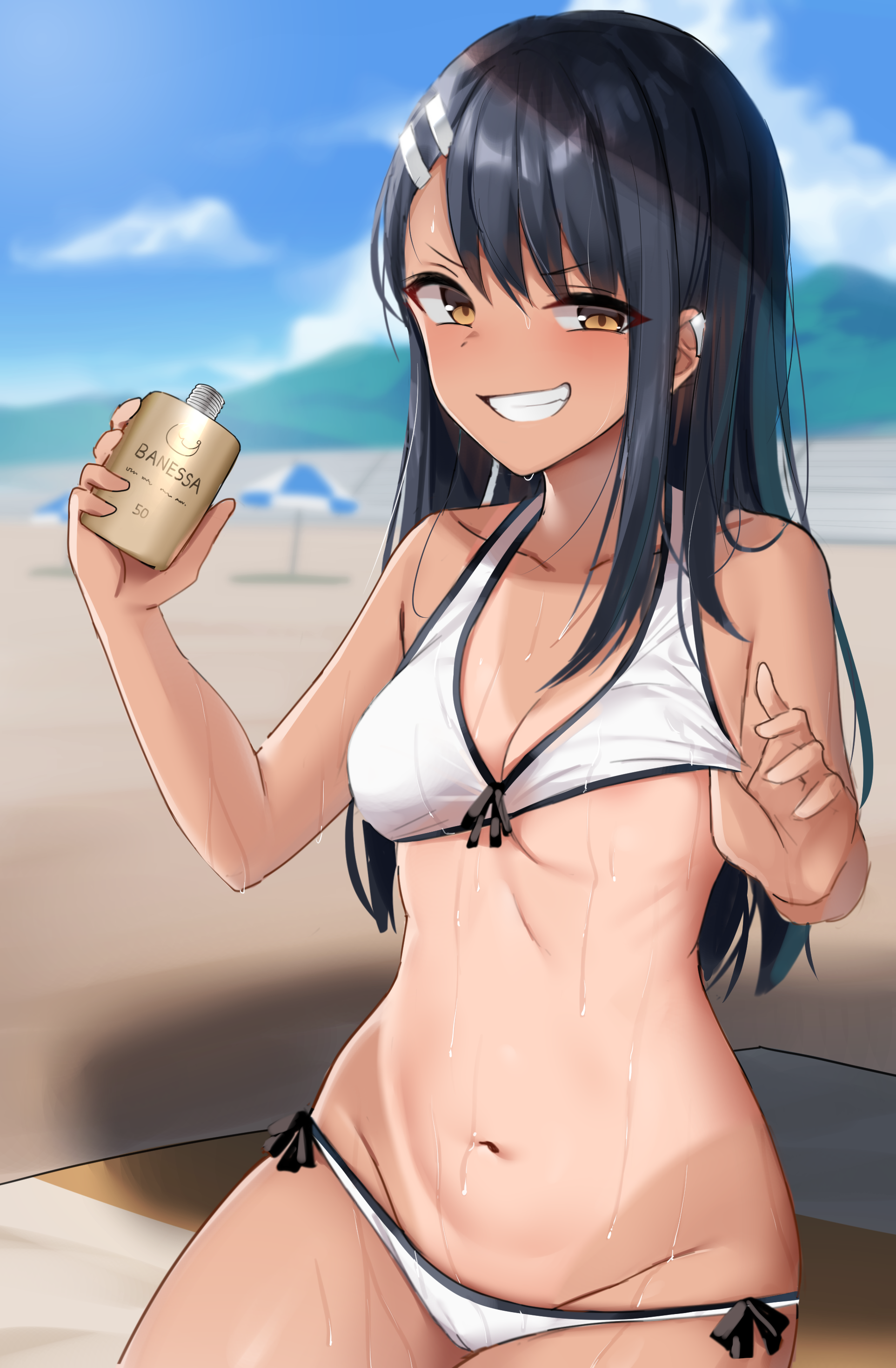1girls, beach, bikini, black hair, blush, breasts, brown eyes, cleavage, clothed, clothing, female, female focus, female only, hayase nagatoro, hi res, long hair, looking at viewer, medium breasts, navel, please don't bully me, nagatoro, pose, revealing clothes, shengtian, simple background, smile, solo, sweat, tanline, tanned, undressing