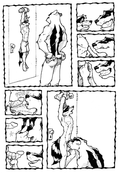 animal_genitalia anthro anticipation arms_tied ass assisted_exposure athletic athletic_anthro athletic_male badger balls biped bottomwear bound bulge cheek_tuft closed_eyes clothed clothing cockslap comic dialogue door doorknob duo english_text erection eye_contact facial_tuft fellatio fur genitals glans greyscale grin hands_on_hips happy happy_sex head_tuft holding_nose humanoid_genitalia humanoid_penis hybrid_genitalia hybrid_penis k-9 larger_penetrated licking licking_lips looking_at_another looking_at_genitalia looking_at_penis looking_pleasured male male/male mammal markings monochrome mustelid musteline nude nude_anthro nude_male onomatopoeia open_shorts oral penetration penile penis penis_grab procyonid raccoon sex sheath sheathed_humanoid_penis shirt short_tail shorts size_difference small_dom_big_sub smile sound_effects speech_bubble star striped_body striped_fur striped_markings striped_tail stripes surprise suspended_in_midair tail_markings teeth text tied_shirt tongue tongue_out topless topless_anthro topless_male topwear touching_chest traditional_media_(artwork) tuft undressing_another vein veiny_penis zipper