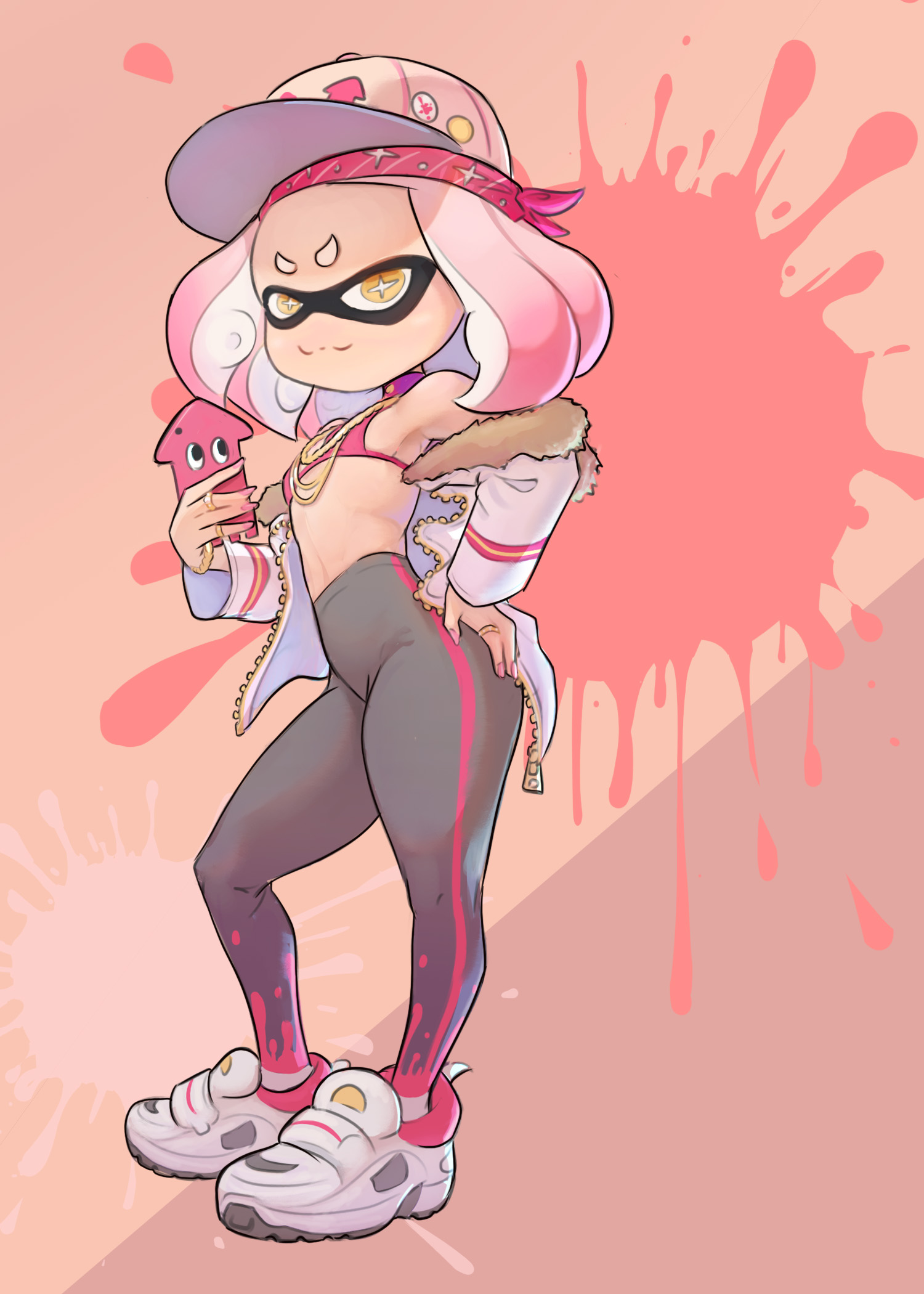 1girls, blackingyourwaifu, bra, cap, clothing, female, female only, inkling, inkling girl, non-human, pants, pearl (splatoon), petite, pink hair, shoes, shortstack, splatoon, tentacle hair
