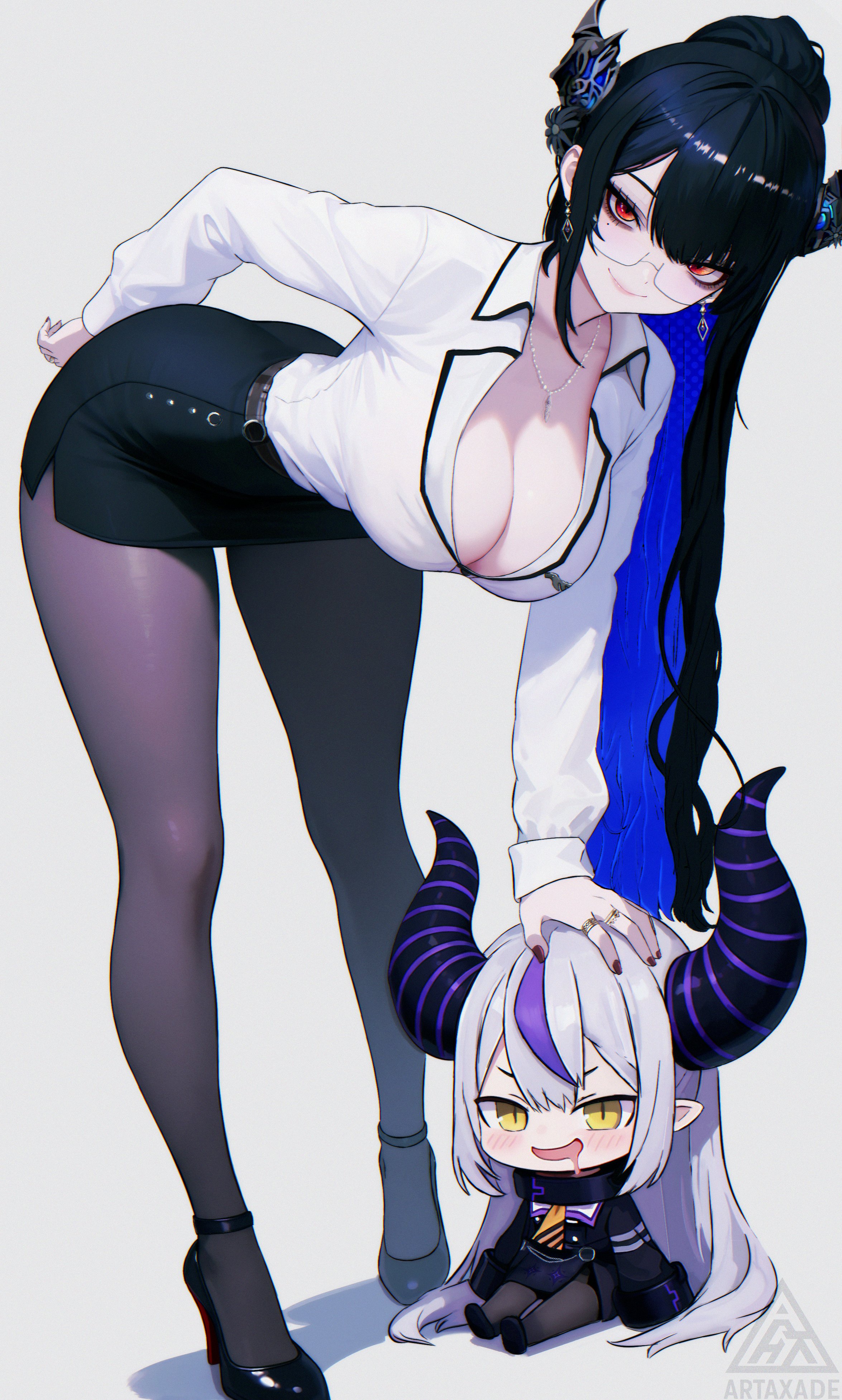 1girls, 2girls, absurdres, asymmetrical horns, blue hair, breasts, chibi, colored inner hair, female, female only, hamaxade, highres, hololive, hololive english, horns, la+ darknesss, large breasts, mole, mole under eye, multicolored hair, multiple girls, nerissa ravencroft, split-color hair, two-tone hair, uneven horns, virtual youtuber