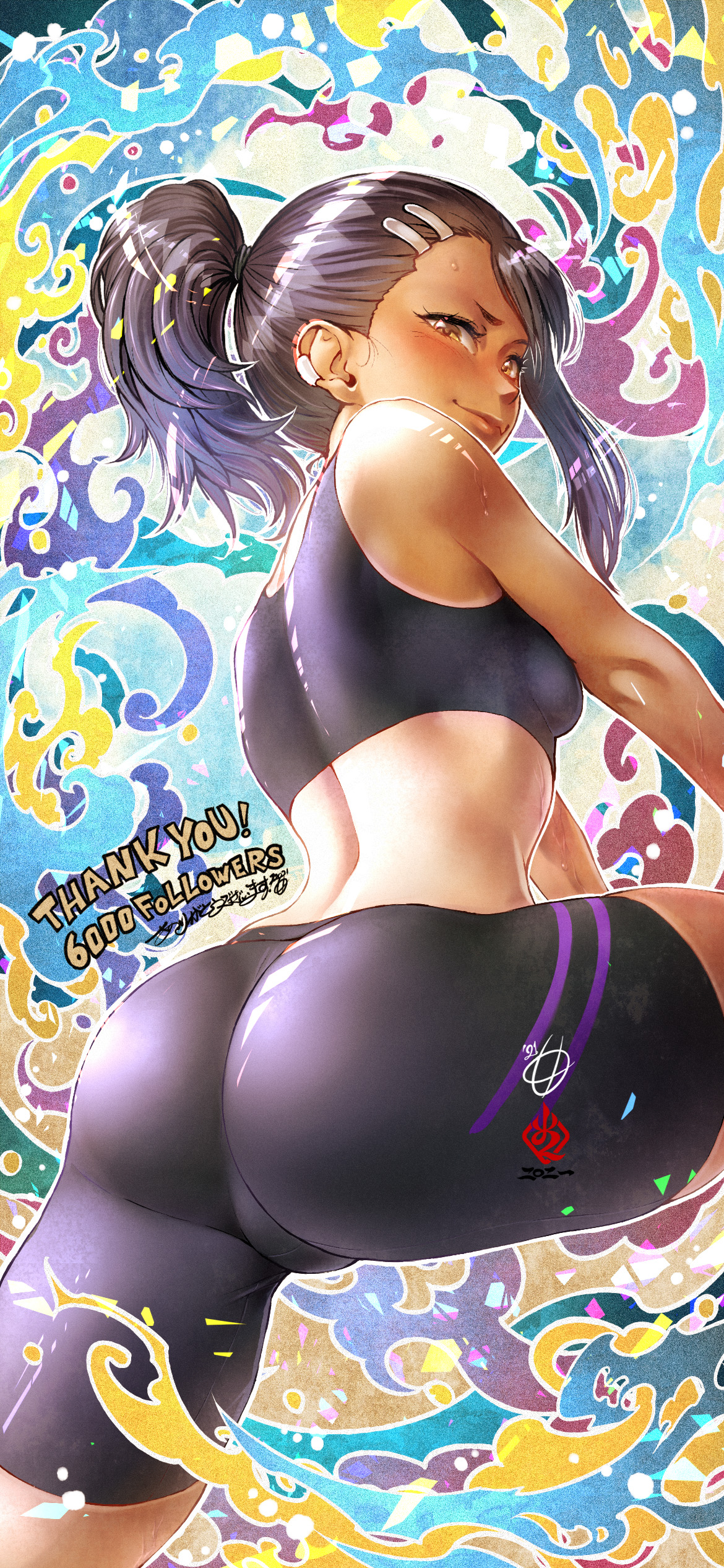 1girls, amaguchi chiyoko, bike shorts, black hair, blush, breasts, brown eyes, cameltoe, clothed, clothing, detailed background, english text, female, female focus, female only, hayase nagatoro, hi res, long hair, looking at viewer, looking back, please don't bully me, nagatoro, pose, pussy, revealing clothes, sideboob, small breasts, smile, solo, spread legs, text, watermark