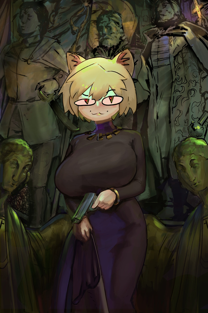 :3, 1girls, 2:3, absurd res, animal humanoid, badass, big breasts, blonde female, blonde hair, blonde-haired female, breasts, cat humanoid, cross, detailed background, domestic cat, eyebrows, felid, felid humanoid, feline, feline humanoid, felis, female, gun, hair, hi res, holding gun, holding object, holding ranged weapon, holding weapon, huge breasts, humanoid, inner ear fluff, large breasts, light body, light skin, mammal, mammal humanoid, meta2:3, neco spirit, neco-arc, pupils, raised eyebrow, ranged weapon, red eyes, sculpture, slit pupils, solo, standing, statue, tsukihime, tuft, weapon, wide hips, yumemi13