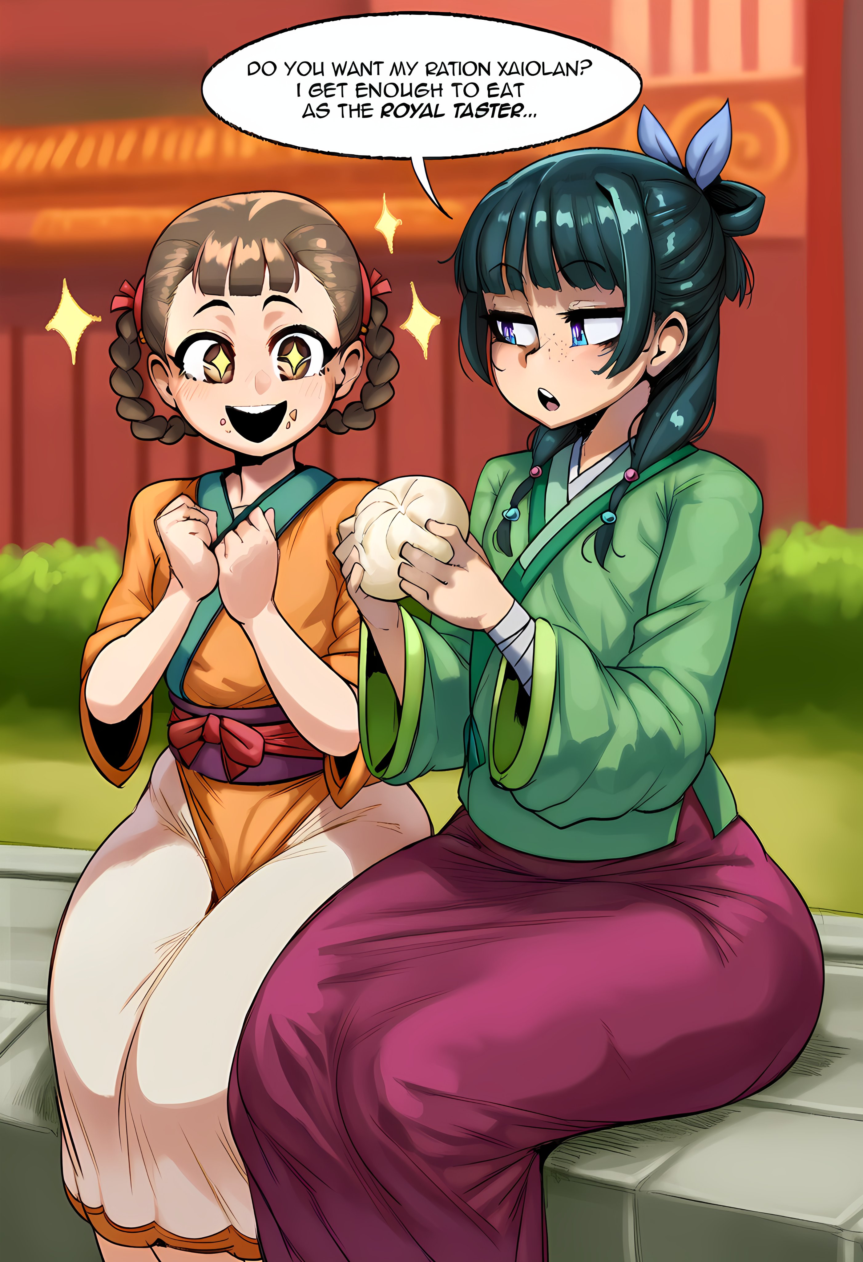 ai generated, dumpling, excited, female, female only, kusuriya no hitorigoto, light-skinned female, maomao (kusuriya no hitorigoto), starry eyes, thick thighs, xiaolan (kusuriya no hitorigoto)
