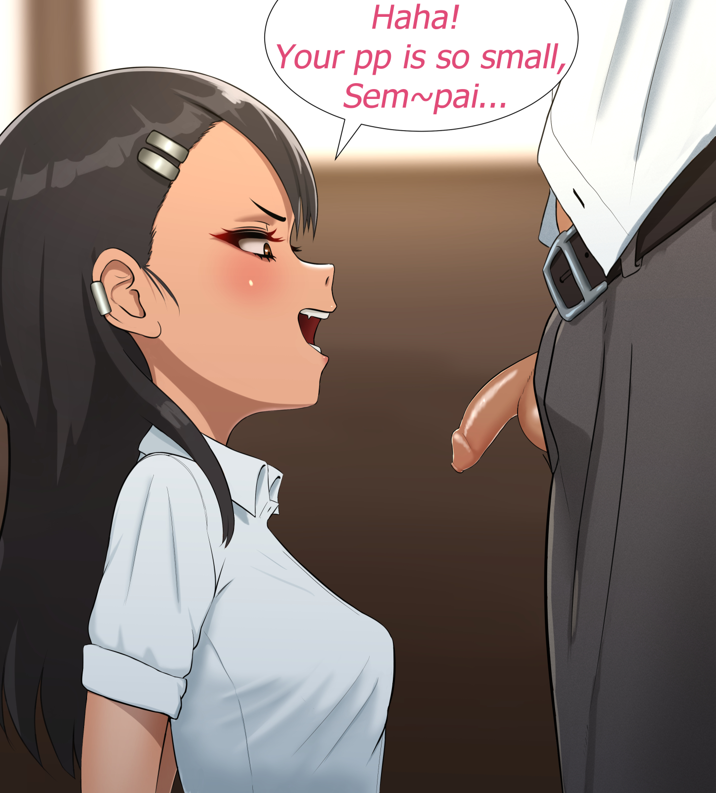 1boy, 1girls, black hair, blush, breasts, brown eyes, clothed, clothing, english text, female, female focus, grower not a shower, hayase nagatoro, hi res, iceringer, long hair, looking at penis, male, naoto hachioji (senpai), open mouth, penis, please don't bully me, nagatoro, simple background, small penis humiliation, smile, text, text bubble, unseen male face, watermark