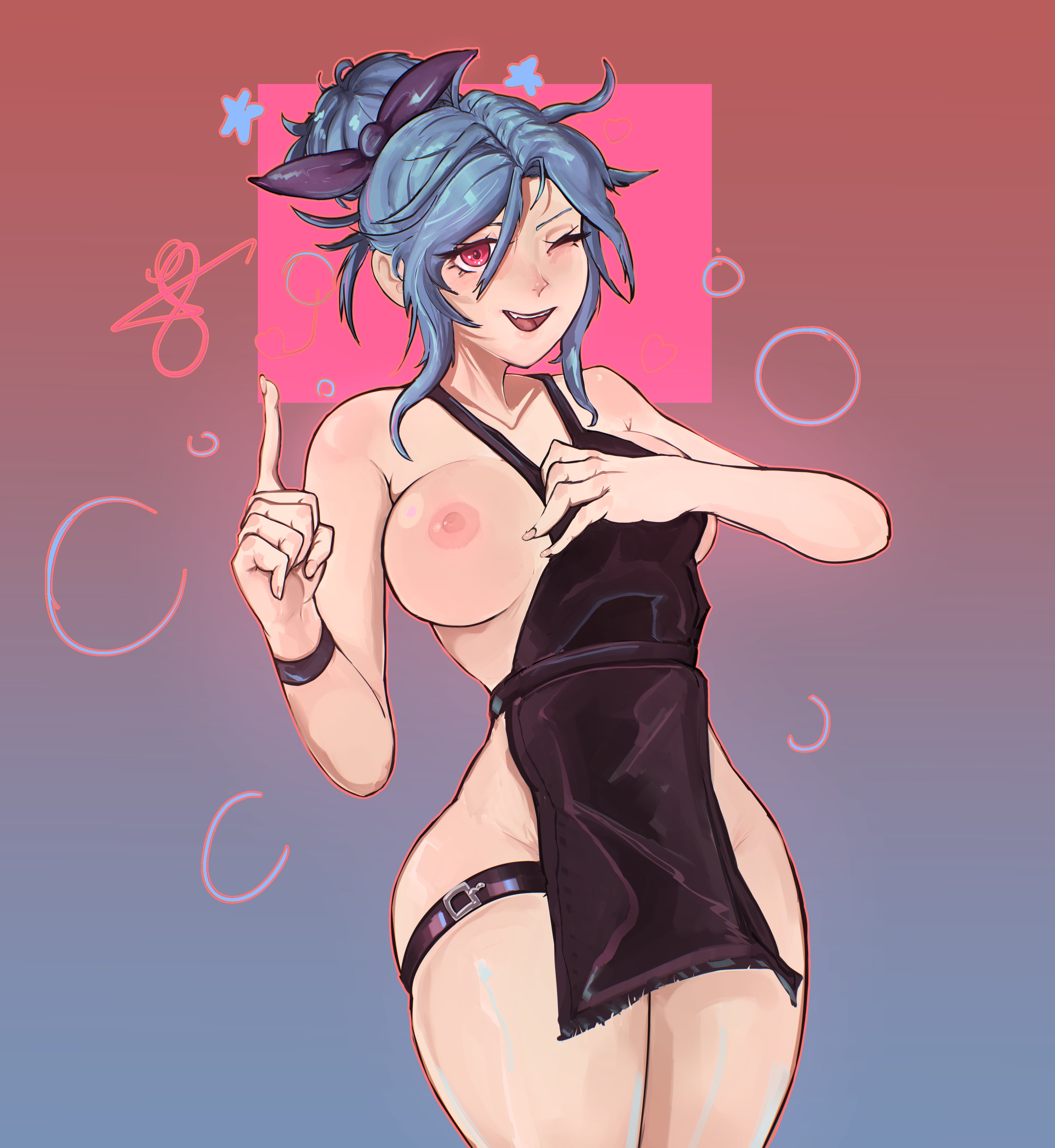 1girls, 2025, apron, big breasts, black clothing, blue hair, blush, breasts, commission, female, hi res, judmangnsfw, one breast out, one eye closed, pointing, ponytail, red eyes, shimmered (terraria), shimmered stylist (terraria), short hair, smile, standing, stylist (terraria), terraria, thick thighs, thighs, wristband
