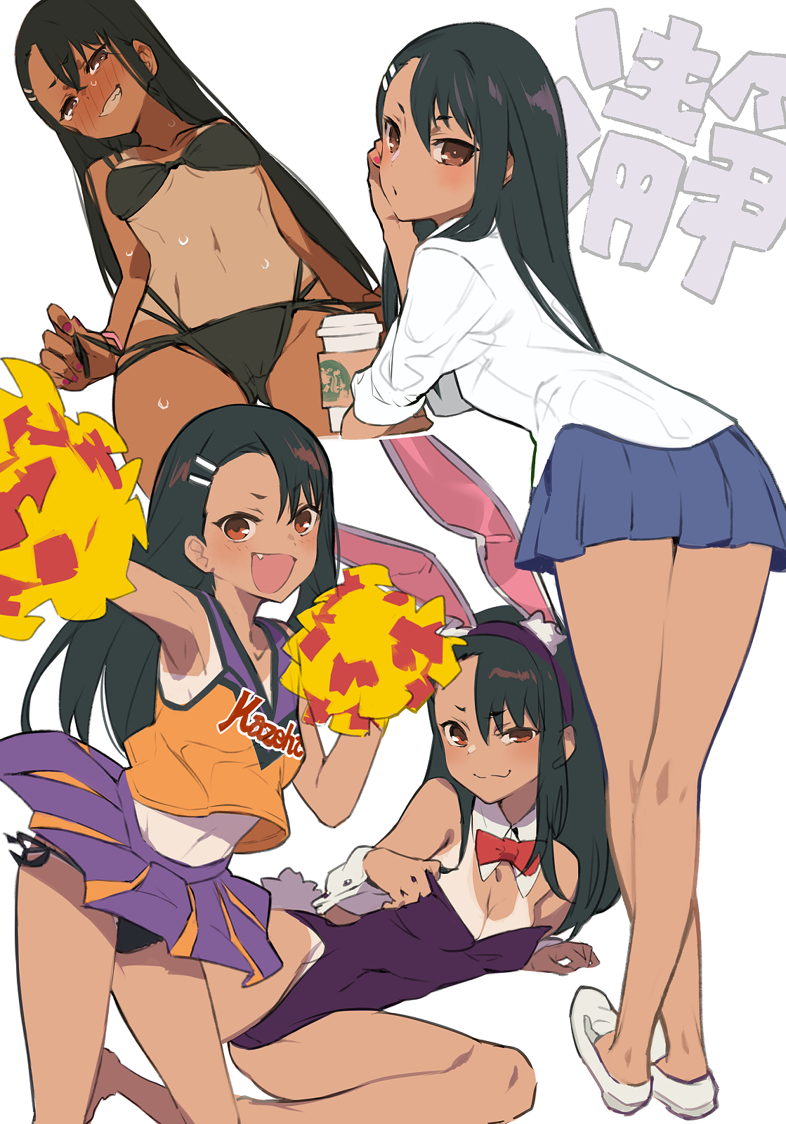 1girls, bikini, black hair, blush, breasts, brown eyes, cheerleader, cleavage, clothed, clothing, costume, female, female focus, female only, gabu (az210309), hayase nagatoro, hi res, japanese text, long hair, looking at viewer, looking back, navel, open mouth, please don't bully me, nagatoro, pose, revealing clothes, simple background, skirt, small breasts, solo, tanline, tanned, text, translation request, upskirt