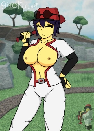 1girls, areolae, artist signature, baseball bat, baseball cap, baseball mortar, breasts, breasts out, clothed, female, female only, lewdgyofu art, lowres, mortar (tds), nipples, reference image, roblox, roblox game, robloxian, solo, source request, stomach, tagme, tower defense simulator