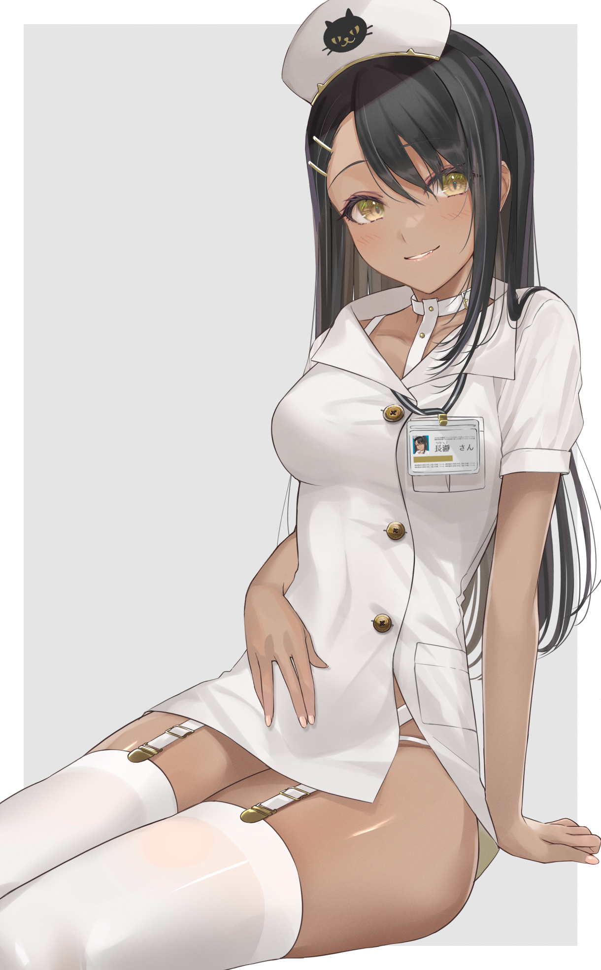 1girls, black hair, blush, breasts, brown eyes, cleavage, clothed, clothing, costume, curvy, female, female focus, female only, hayase nagatoro, hi res, long hair, looking at viewer, medium breasts, mexif, nurse, please don't bully me, nagatoro, pose, revealing clothes, simple background, smile, solo, wide hips