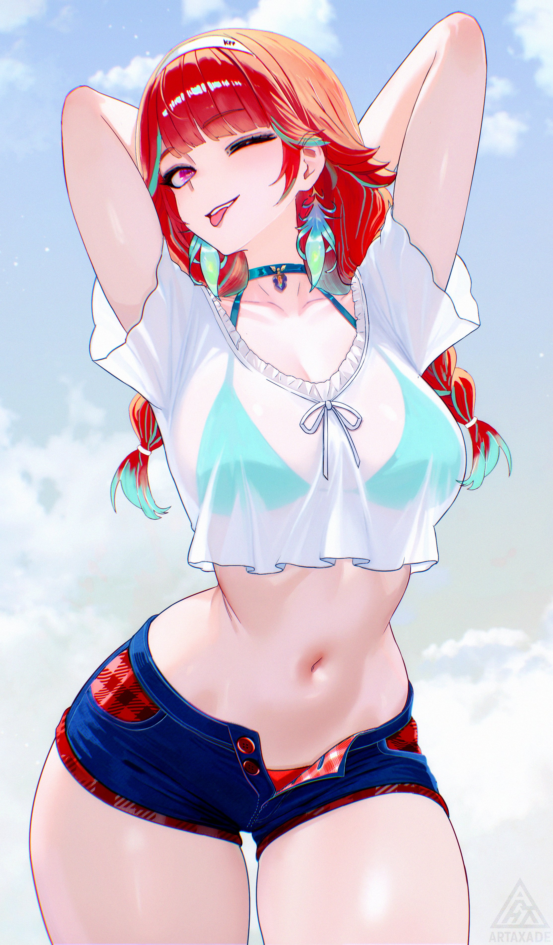1girls, absurdres, aqua bikini, aqua choker, arms up, bikini, bikini under clothes, braid, braided twintails, breasts, choker, denim, denim shorts, earrings, feather earrings, feathers, female, female only, green hair, green highlights, hamaxade, highres, hololive, hololive english, jewelry, looking at viewer, midriff, navel, official alternate costume, one eye closed, open fly, orange hair, purple eyes, see-through clothes, see-through shirt, shirt, shorts, solo, streaked hair, swimsuit, takanashi kiara, takanashi kiara (2nd costume), takanashi kiara (casual), tongue, tongue out, twin braids, twintails, two-tone hair, virtual youtuber