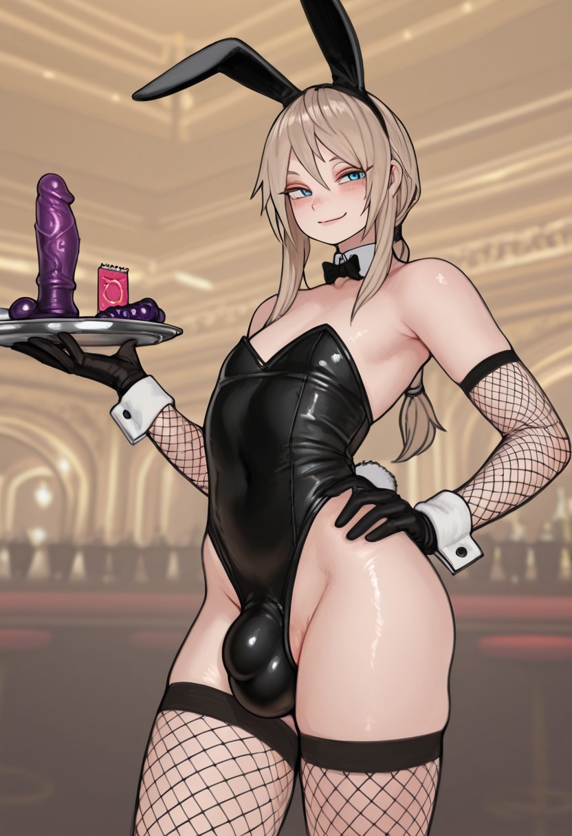 1femboy, ai generated, alternate version available, armwear, balls, black leotard, blonde hair, blue eyes, bow, bulge, bunny ears, bunny tail, bunnysuit, condom, condom wrapper, detached collar, dildo, femboy, fishnet armwear, fishnet stockings, fishnets, gloves, hand on hip, hand on own hip, indoors, iwanco, leotard, playboy bunny, sex toy, sex toys, smile, smiling, solo, standing, stockings, testicles, thick thighs, thighs, tray, waitress, wide hips, wrist cuffs