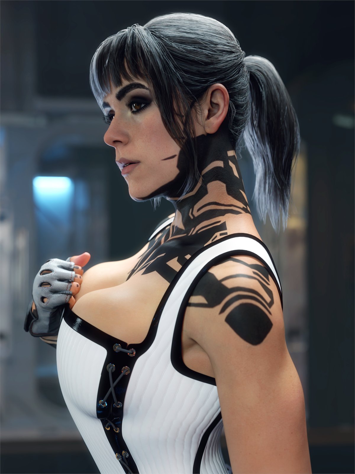 1girls, 3:4, big breasts, black hair, bolt on tits, breast implants, breasts, brown eyes, call of duty, call of duty black ops 7, cleavage, emma kagan, enhanced breasts, fake breasts, female, female only, gloves, large breasts, ponytail, silicone, silicone implants, tattoo, word2