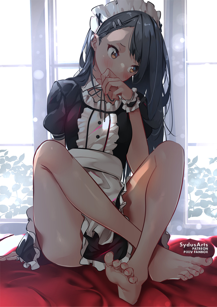 1girls, barefoot, black hair, blush, breasts, brown eyes, clothed, clothing, costume, feet, female, female focus, female only, hayase nagatoro, hi res, long hair, maid, please don't bully me, nagatoro, pose, revealing clothes, simple background, sitting, small breasts, smile, solo, spread legs, sydus, watermark, white background