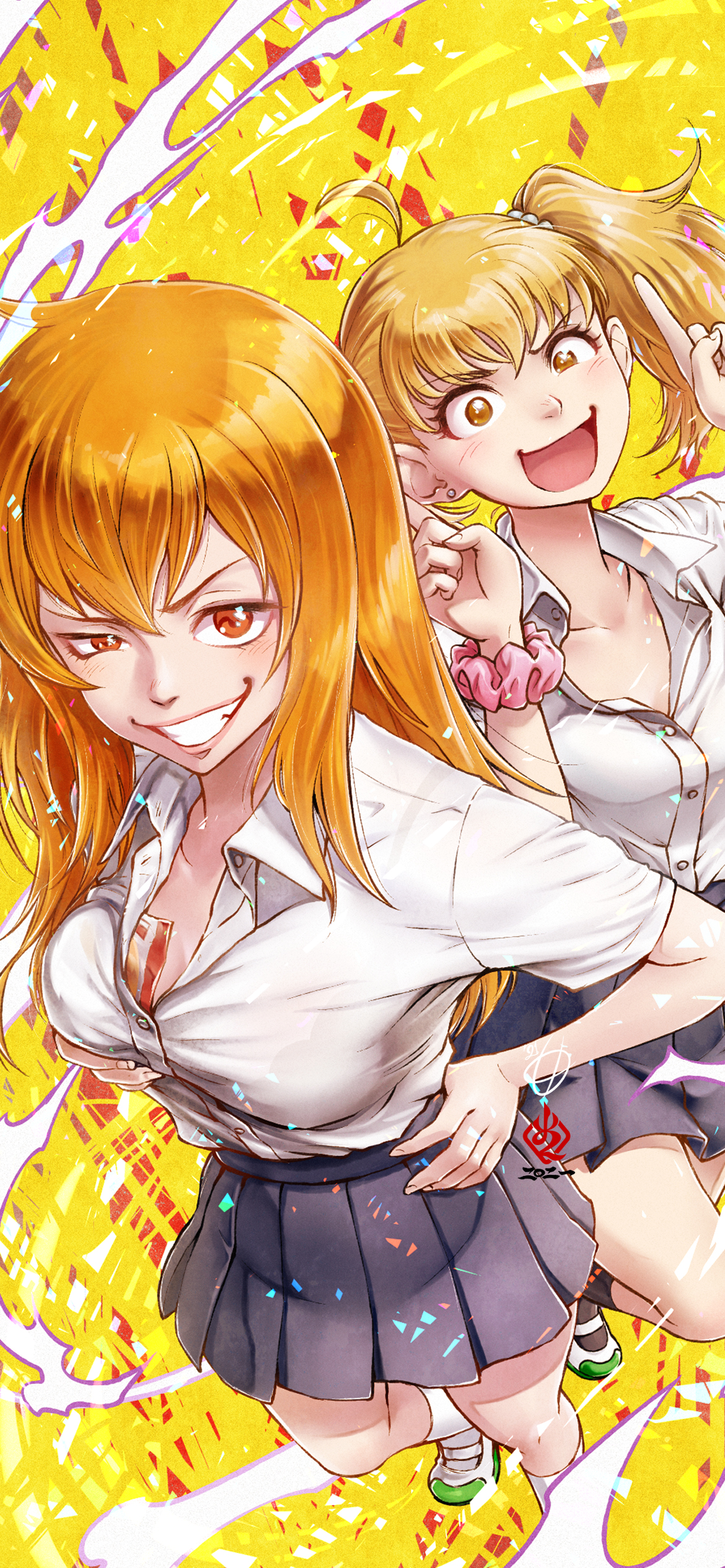 2girls, amaguchi chiyoko, big breasts, blonde hair, blush, breasts, brown eyes, cleavage, clothed, clothing, curvy, detailed background, female, female focus, female only, gamo-chan, multiple females, multiple girls, open mouth, orange eyes, orange hair, please don't bully me, nagatoro, revealing clothes, skirt, smile, watermark, wide hips, yoshi (nagatoro)