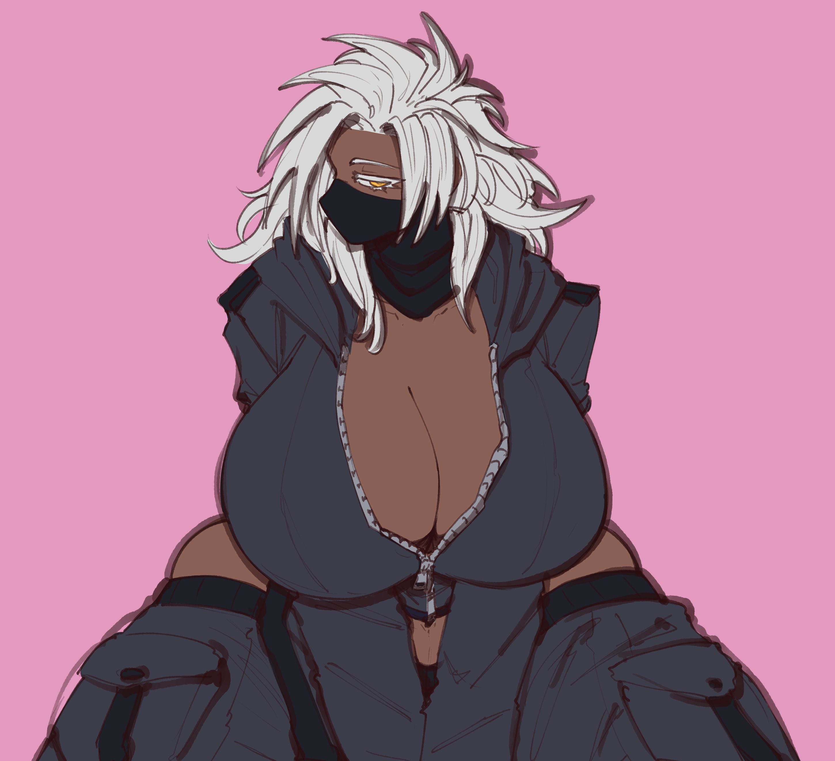 1girls, big breasts, fuku (humble shark), hair down, humble shark, long hair, looking at viewer, masked, masked female, original, original character, white hair