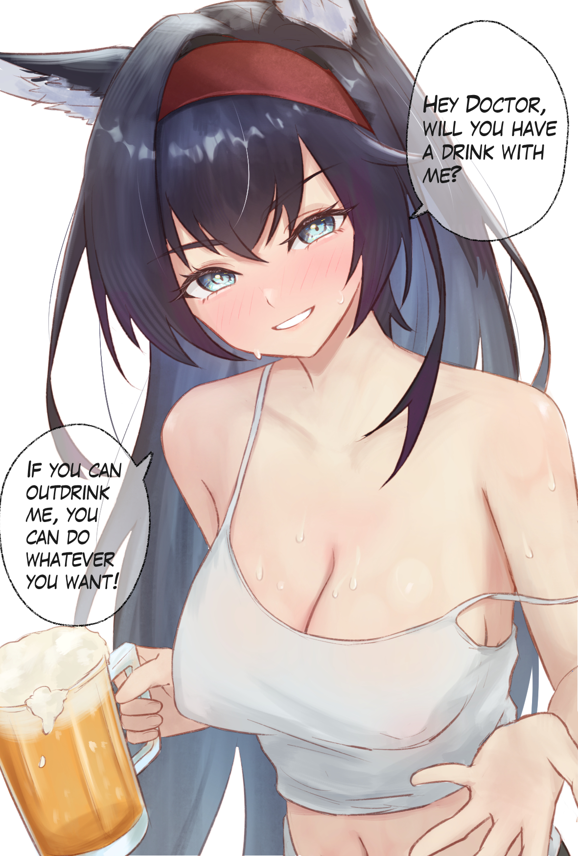 1girls, animal ears, arknights, beer, big breasts, black hair, blaze (arknights), blush, breasts, cat ears, cat girl, catgirl, drunk, english text, kemonomimi, light skin, light-skinned female, looking at viewer, no bra, runyo (yale12312), shirt only, smile, solo, text