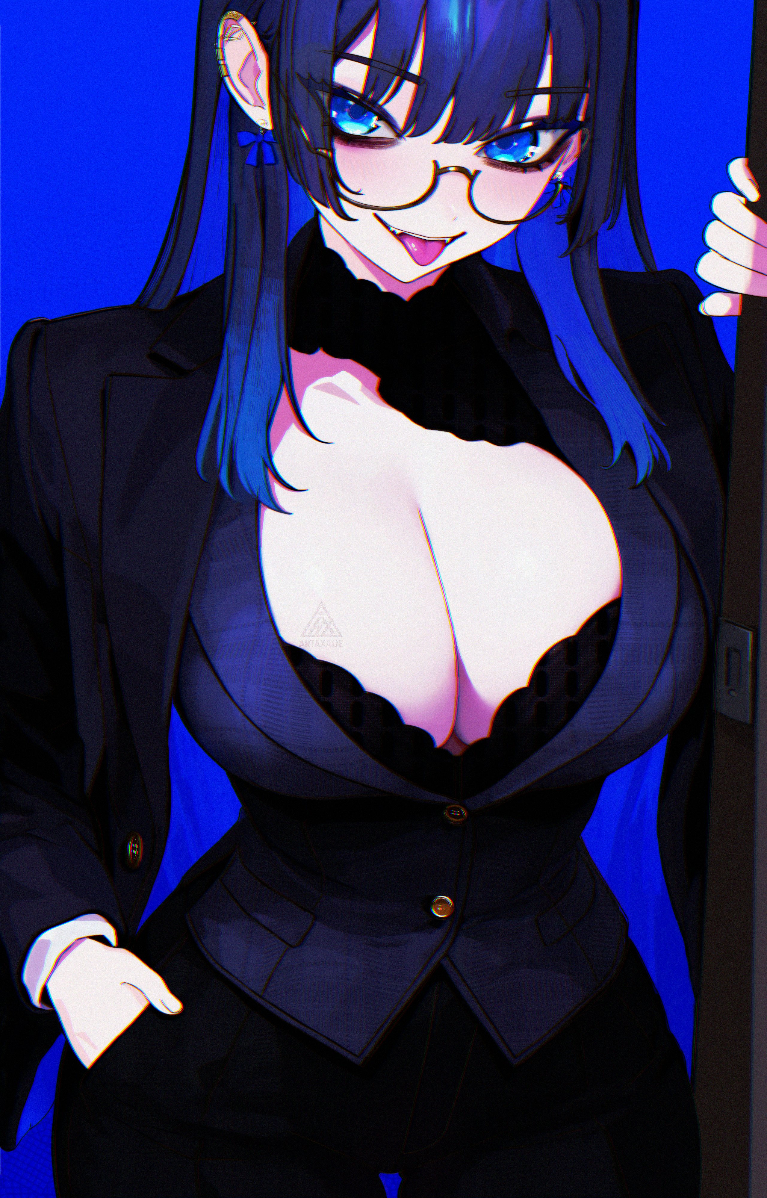 1girls, absurdres, alternate costume, black jacket, black pants, blue background, blue eyes, blue hair, breasts, cleavage, commentary, english commentary, female, female only, glasses, hamaxade, hand in pocket, highres, hololive, hololive english, huge breasts, jacket, long hair, looking at viewer, ouro kronii, pants, semi-rimless eyewear, solo, tongue, tongue out, virtual youtuber