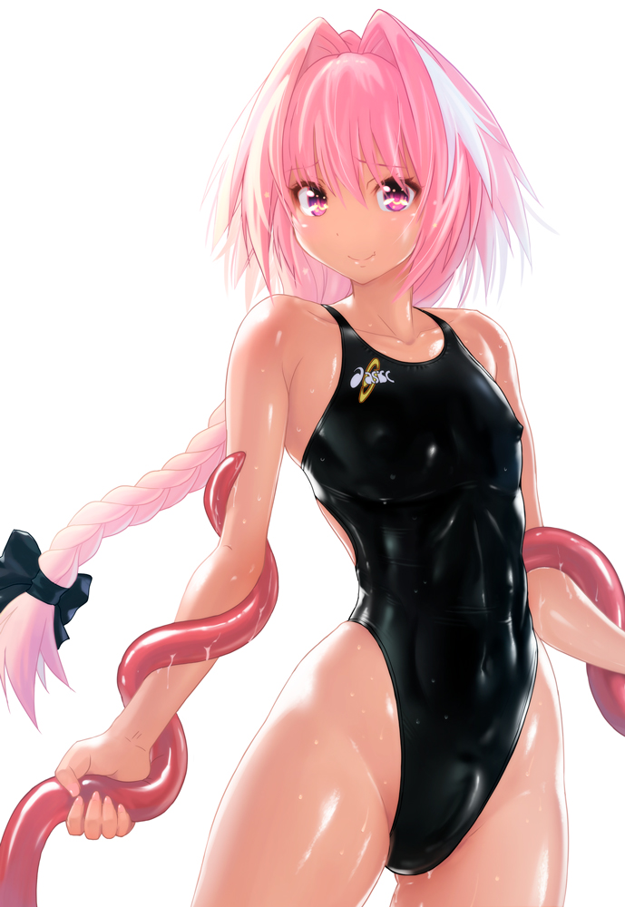 2018 accessory asics astolfo_(fate) black_clothing black_swimwear braided_hair bulge clothing fate_(series) genital_outline girly hair hair_accessory hair_ribbon hairbow human human_only looking_at_viewer male male_only mammal murasaki_nyaa nipple_outline not_furry penis_outline pink_eyes pink_hair ribbons rider_of_black simple_background single_braid smile smiling_at_viewer solo swimwear tentacle white_background