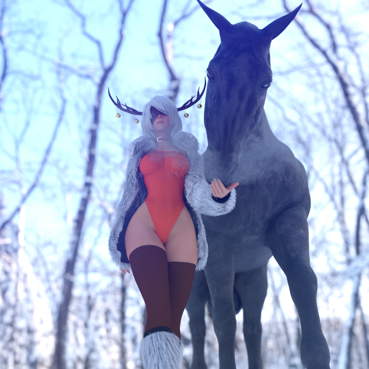 bestiality, blindfold, christmas, female, horse, horsecock, imminent bestiality, male, nier (series), nier: automata, penis, tagme, white hair, yorha 2b, zoophilia