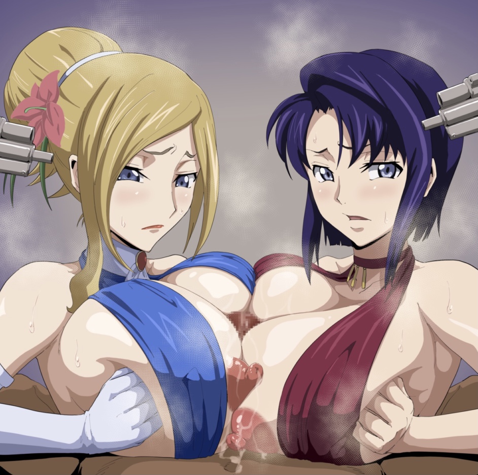 2girls blonde_hair blue_hair breasts cecile_croomy censored code_geass double_paizuri favorite forced forced_at_gunpoint forced_paizuri gun huge_breasts iwao178 milly_ashford nipples paizuri rape titfuck titjob