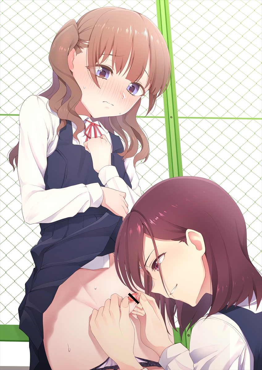 2boys blush brown_eyes brown_hair censor_bar censored femboy feminization girly hokuro_ryuuseigun junior_(hokuro_ryuuseigun) long_hair male male_only original panties_down penis purple_eyes small_penis student_council_president_(hokuro_ryuuseigun) sweat thighs