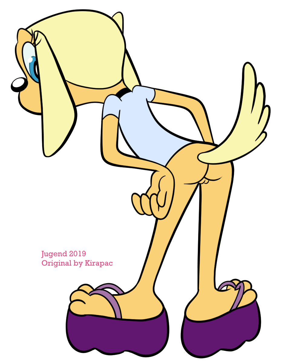 2019 3_toes alpha_channel anthro ass blue_clothing blue_shirt blue_topwear bottomless brandy_&_mr_whiskers brandy_harrington canid canine canis clothed clothing collar disney disney_channel domestic_dog feet female footwear genitals hi_res jugend kirapac looking_back mammal platform_footwear platform_sandals pussy sandals shirt solo toes topwear