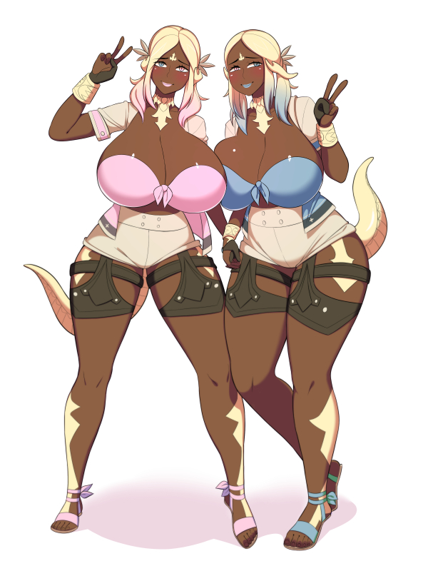 2girls au_ra bimbo deztyle female final_fantasy final_fantasy_xiv gyaru huge_ass huge_breasts multiple_girls raen thick_lips thick_thighs very_long_hair wide_hips