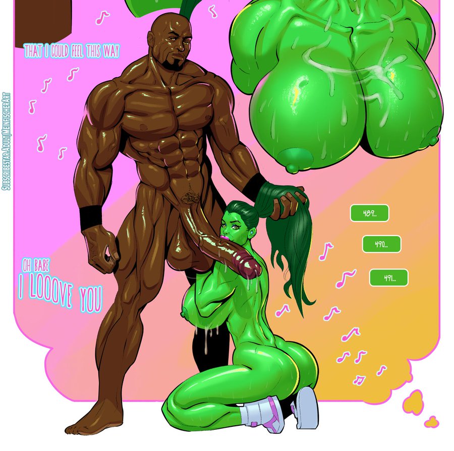 1boy 1girls areola armbands ass avengers big_ass big_breasts big_penis bimbo breasts busty dark-skinned_male dark_skin fellatio female giant_breasts giant_penis green-skinned_female green_body green_eyes green_hair green_nipples green_skin huge_breasts huge_cock hulk_(series) interracial long_penis luke_cage male marvel marvel_comics meinfischer mouth_on_penis muscles muscular muscular_female muscular_male naked_female nipples nude_male oral penis pink_lips ponytail preview pubic_hair she-hulk shoes straight thick_lips tied_hair veiny_penis watermark