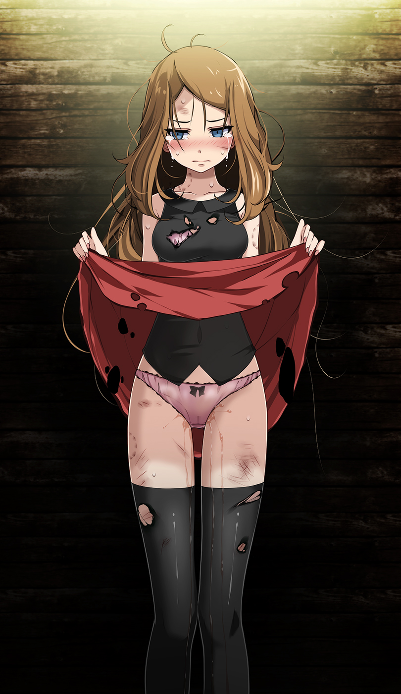 blonde hair, blush, breasts, female, humiliation, legs, lifted by self, medium breasts, panties, pokemon, pokemon xy, saika, serena (pokemon games), serena (pokemon), skirt, sleeveless shirt, tears, thighhighs, tsukishiro saika