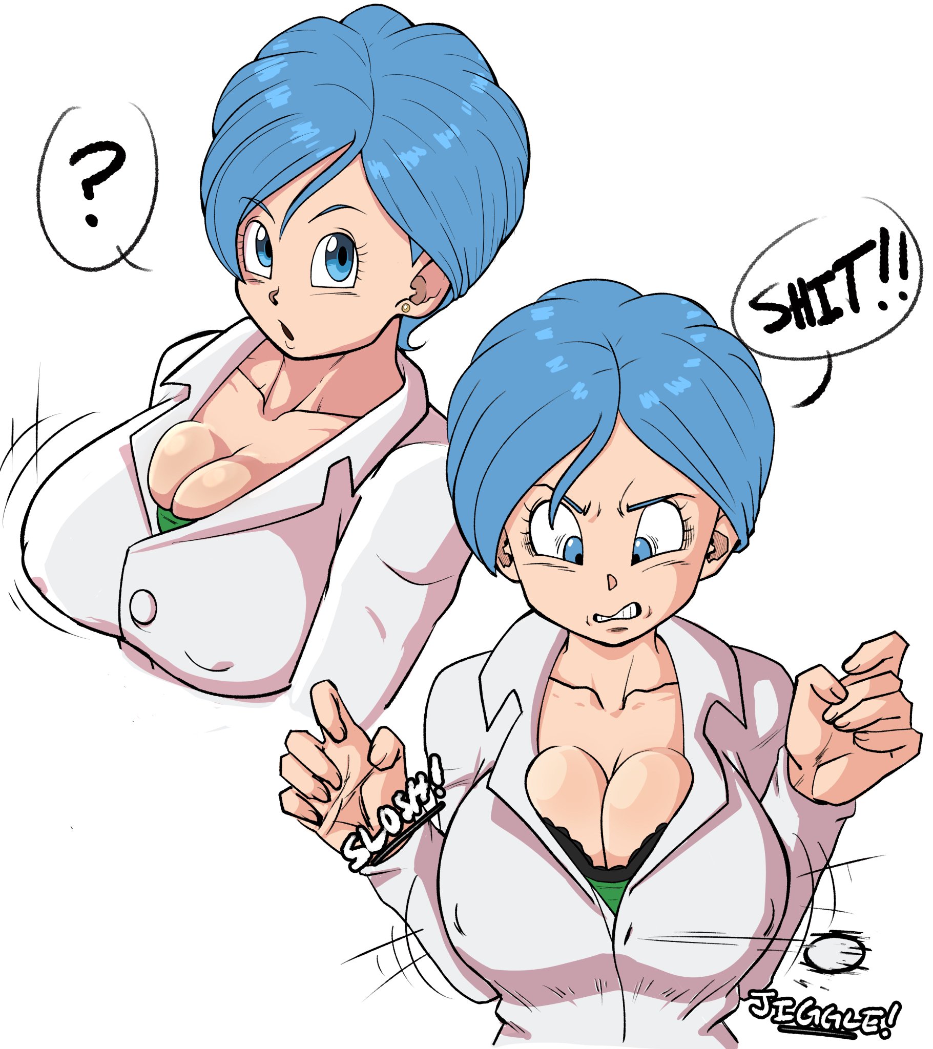 ?, 2koma, barely fits, big breasts, blue eyes, blue hair, bouncing breasts, bra, bra cups sticking out, bra peek, breast focus, breasts, breasts too big, bulma briefs, button down shirt, button pop, cleavage, dragon ball, dragon ball super, ear piercing, english text, female, inconvenient breasts, labcoat, looking at breasts, looking at own breasts, looking at viewer, looking down, looking down at breasts, looking down at self, looking up, nipple bulge, onomatopoeia, pseudocel, shounen jump, simple background, swear, text, tight fit, too tight, undersized clothes, undersized clothing, wardrobe malfunction
