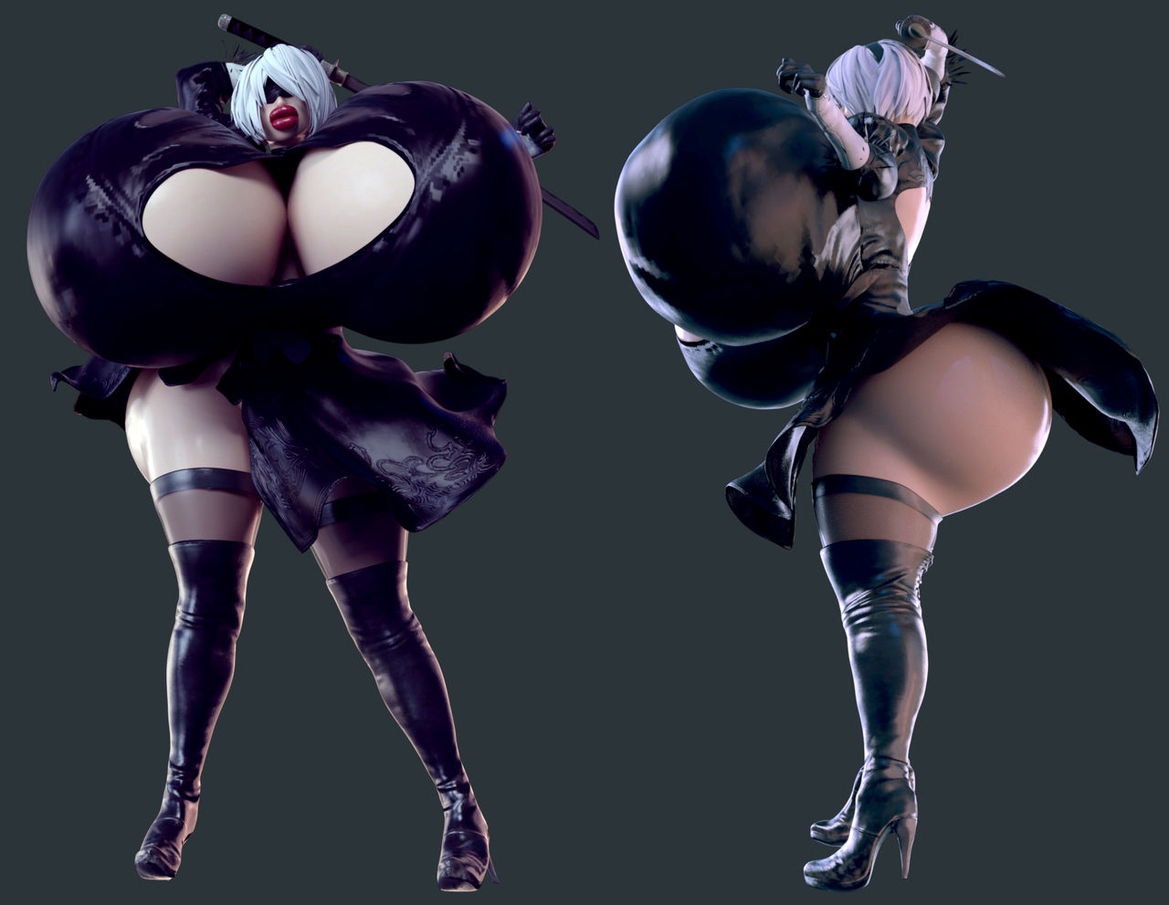 3d, ass, big ass, big breasts, big lips, bimbo, blindfold, breasts, enormous breasts, fat ass, female, gigantic breasts, high heel boots, high heels, huge ass, huge breasts, huge lips, hyper, hyper bimbo, hyper breasts, hyper lips, jackd22, nier, nier (series), nier: automata, wide hips, yorha 2b