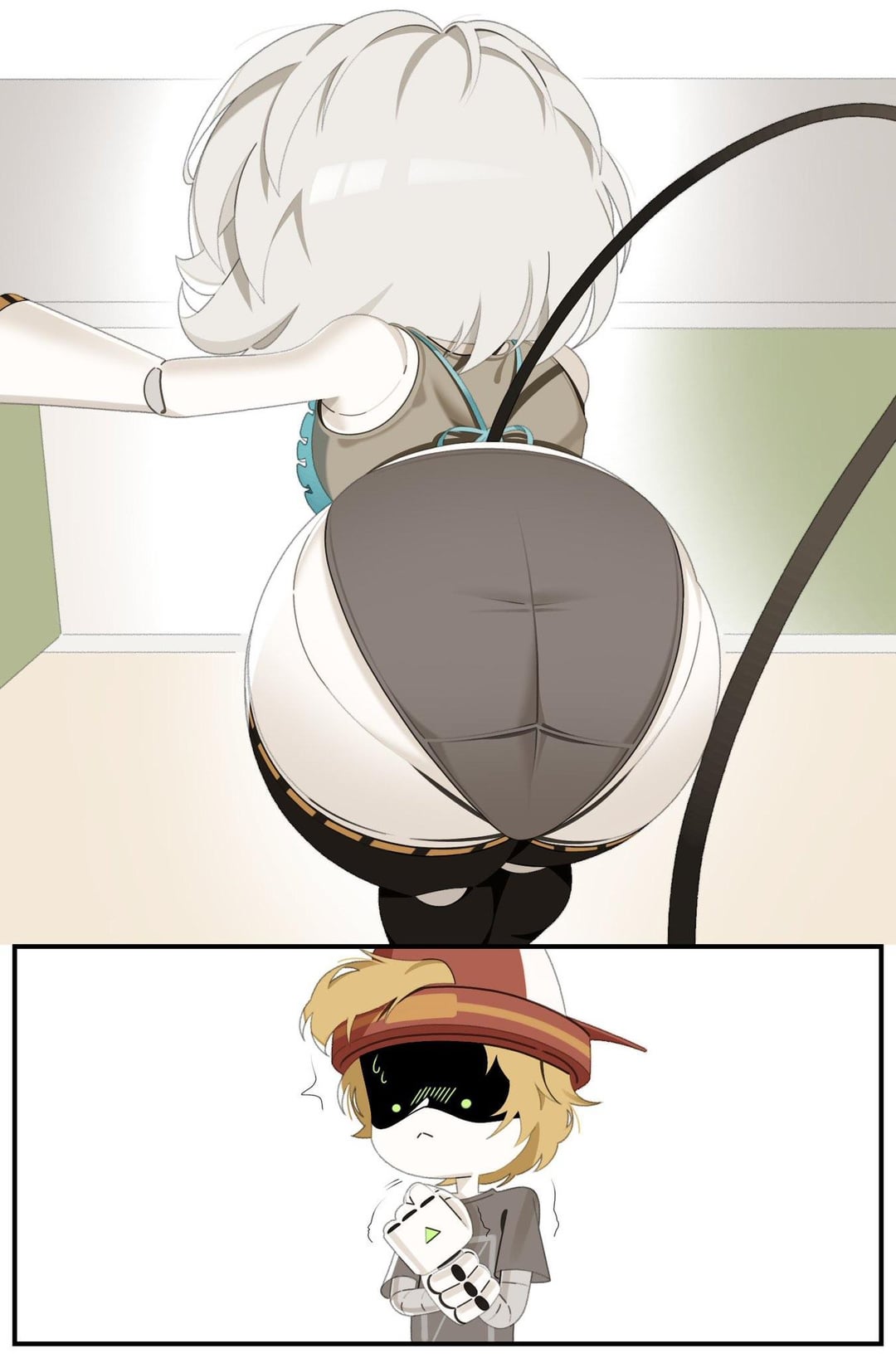 1girls, 1girls1boy, ass, ass crack, ass focus, butt, butt focus, glitch productions, green eyes, grey hair, looking at partner, monsterdude15, murder drones, robot girl, robot humanoid, straight, thad (murder drones), v (murder drones), yellow eyes