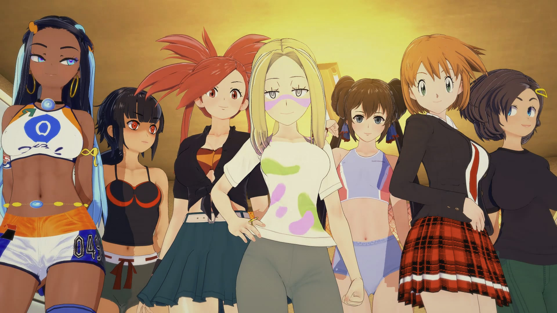 16:9, 7girls, alternate costume, before sex, belly, belly button, black hair, blonde hair, blue eyes, blush, brown hair, closed mouth, clothed, dark skin, dark-skinned female, earrings, facepaint, female, female only, flannery (pokemon), grace (pokemon), green eyes, grey eyes, gym leader, happy, indoors, kasumi (pokemon), locker room, long hair, looking at another, looking at viewer, matsurika (pokemon), medium hair, milf, mina (pokemon), misty (pokemon), multicolored hair, multiple females, multiple girls, necklace, nessa (pokemon), nintendo, open eyes, orange hair, pants, pokemon, pokemon bw2, pokemon oras, pokemon rgby, pokemon rse, pokemon sm, pokemon ss, pokemon xy, red eyes, red hair, red skirt, red tie, rosa (pokemon), shirt, shorts, skirt, smile, sportswear, squint, standing, tie, trial captain, white shirt, zinnia (pokemon)