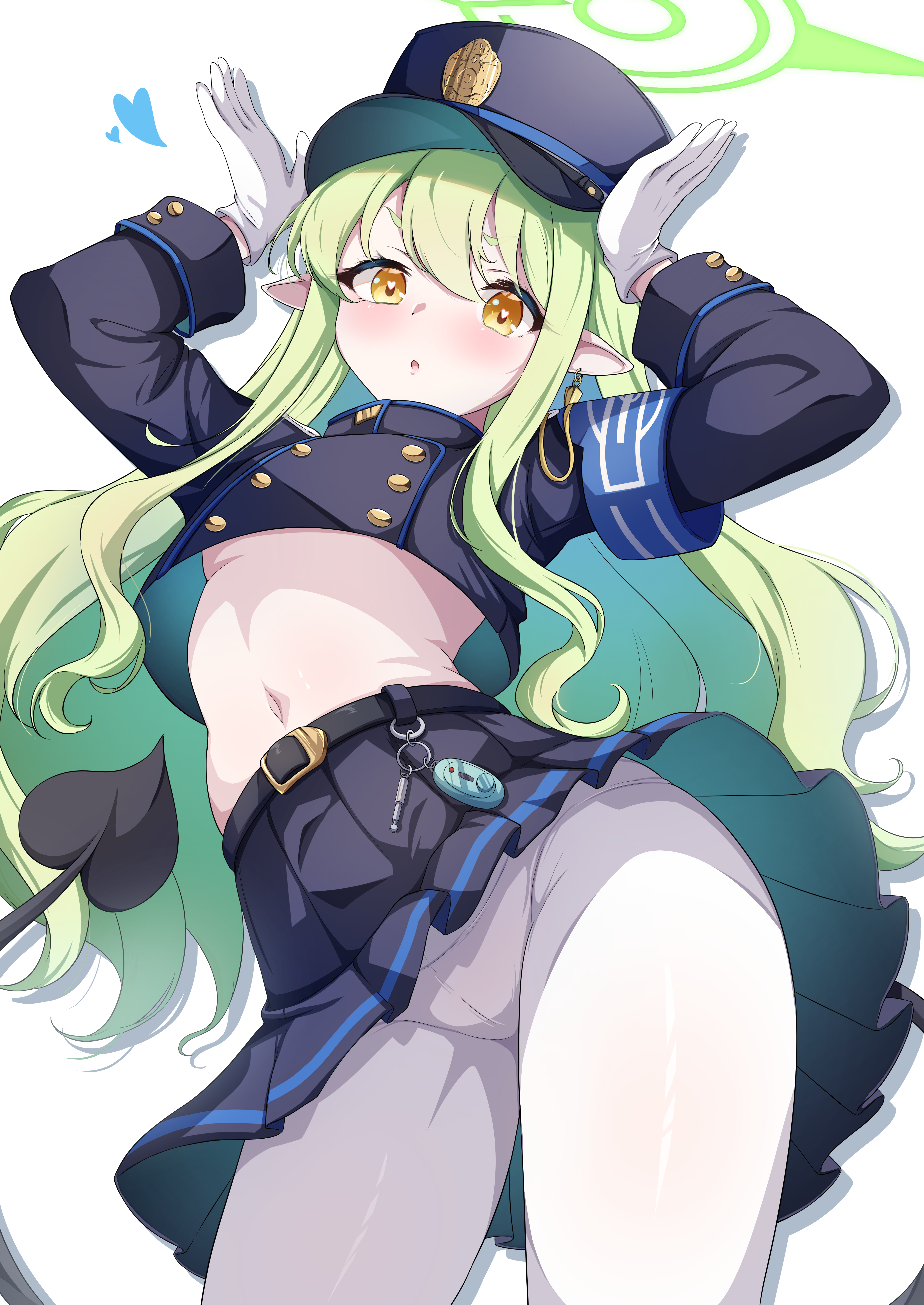 1girl, absurdres, armband, black tail, blue archive, blue armband, demon tail, from below, gloves, green hair, green halo, grey hair, halo, heart, heart-shaped pupils, highlander railroad academy student, highres, hikari (blue archive), long hair, looking at viewer, maimuu, navel, pointy ears, solo, symbol-shaped pupils, tail, thick thighs, white gloves, wide hips, yellow eyes