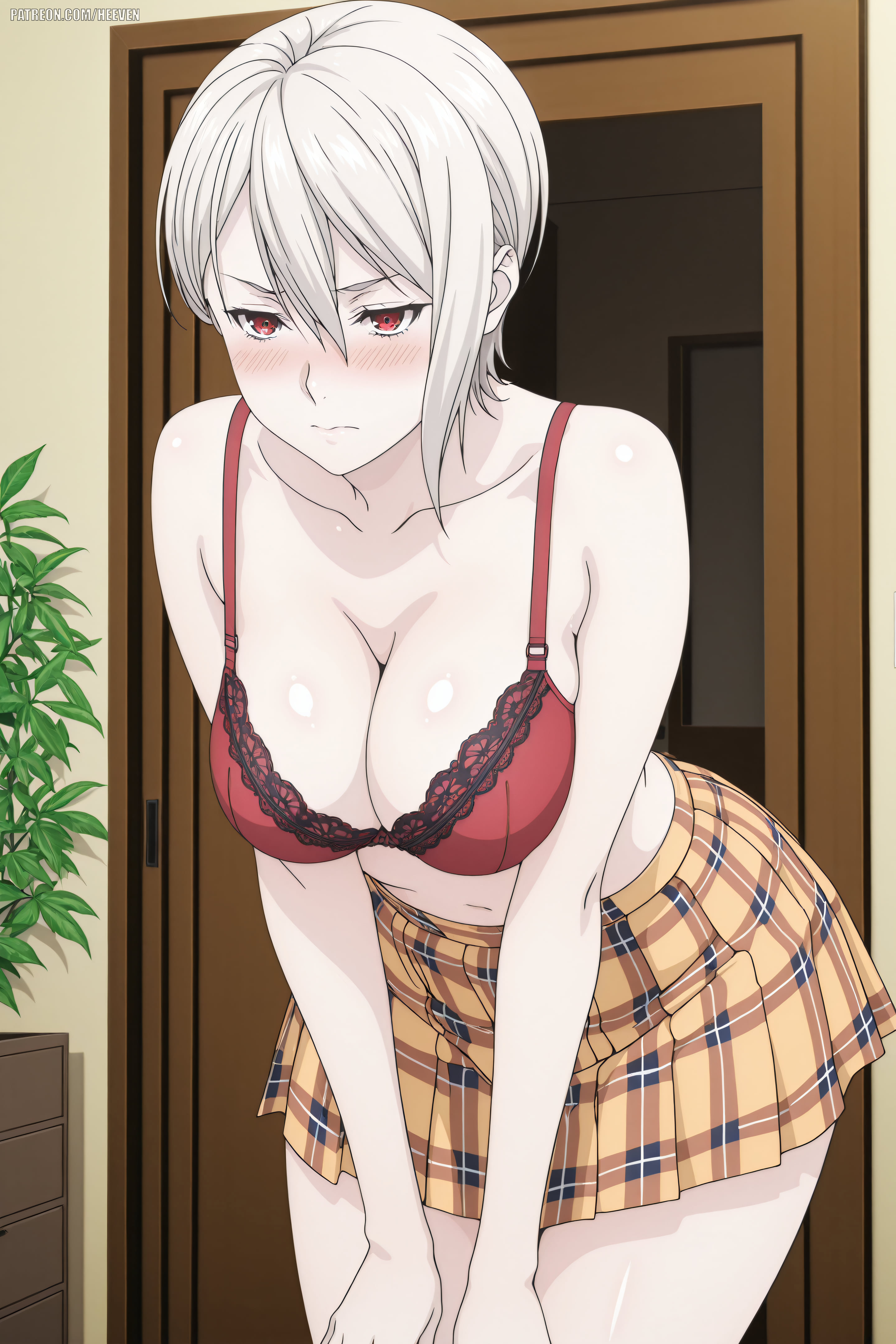 1boy, absurdres, adult, ai assisted, ai generated, alice nakiri, big breasts, breasts, embarrassed, female, food wars, heeven, highres, male, mature, nakiri alice, patreon, patreon username, perfect body, red bra, shokugeki no souma, skirt, standing, unbuttoned shirt, uncensored