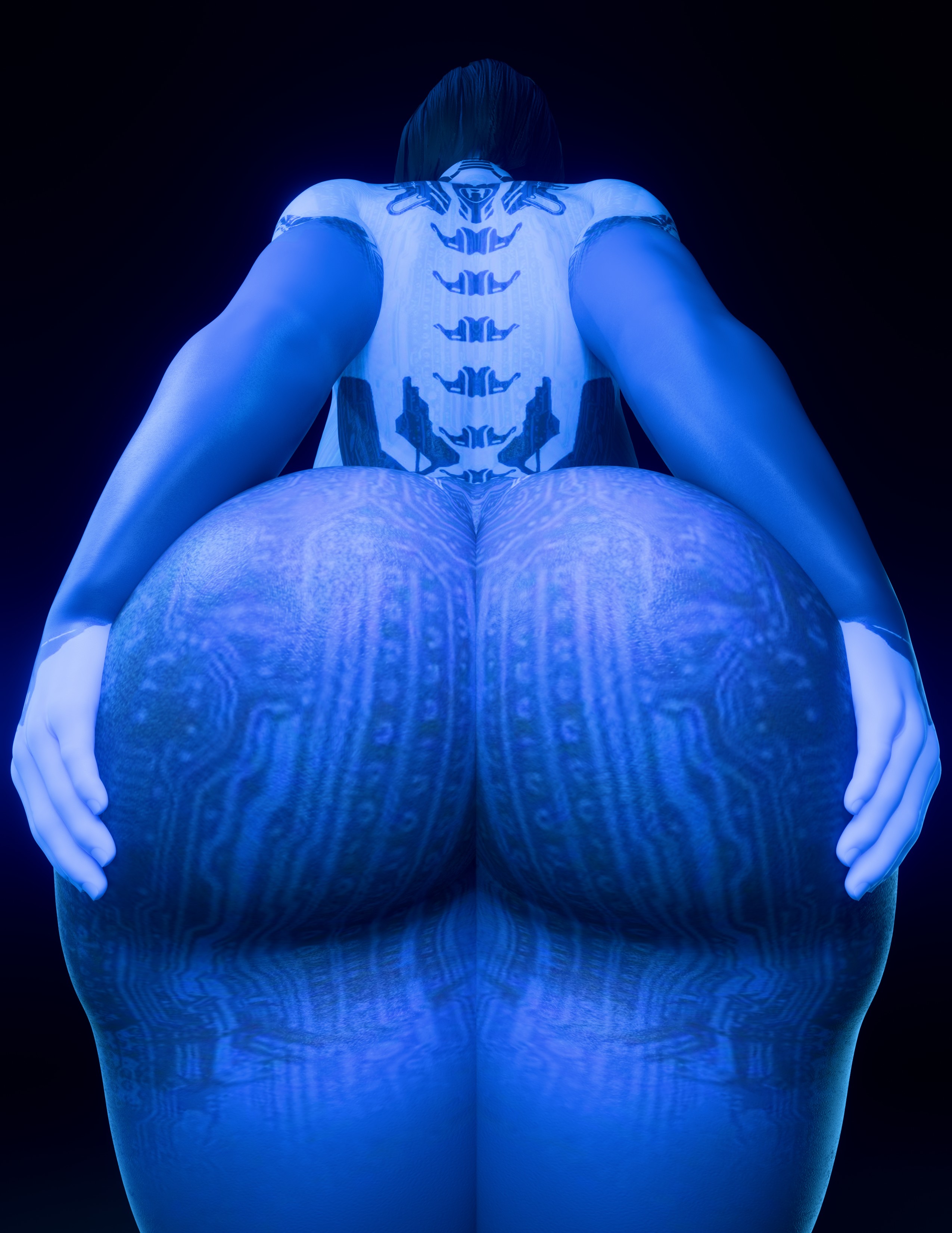 1girls, ass, ass focus, blue hair, blue skin, bubble butt, close up, cortana, cpt-flapjack, fat ass, from behind, halo (series), huge ass, shorts