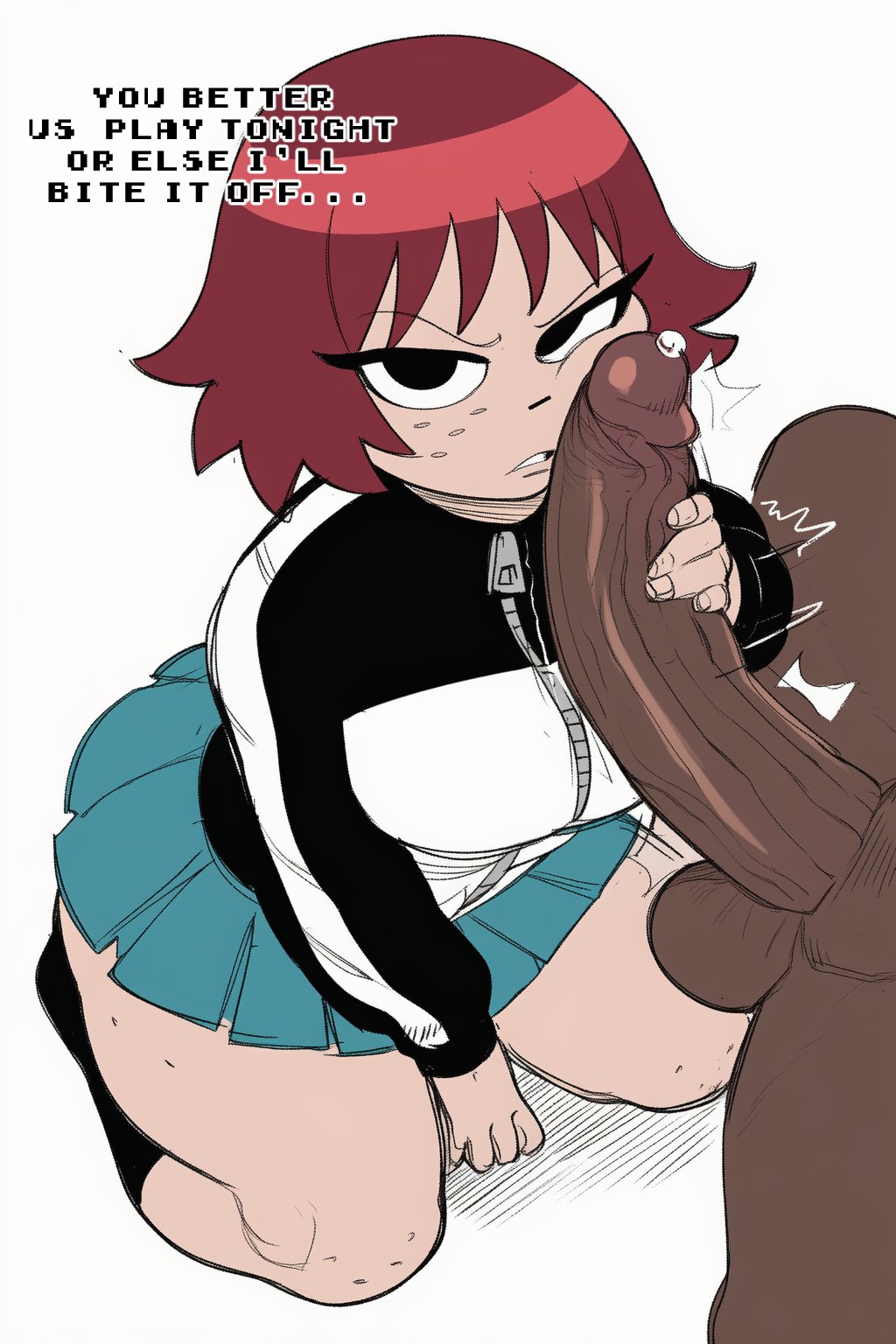 1boy, 1girls, auburn hair, bad grammar, balls, big penis, clothed female nude male, clothing, crossnsfw, dark skin, dark-skinned male, dialogue, female, female on knees, freckles, hetero, interracial, kim pine, light skin, light-skinned female, male, nude, nude male, penis, penis on face, red hair, scott pilgrim, straight, talking to partner, talking to viewer, text, threatening, thunder thighs, wide hips