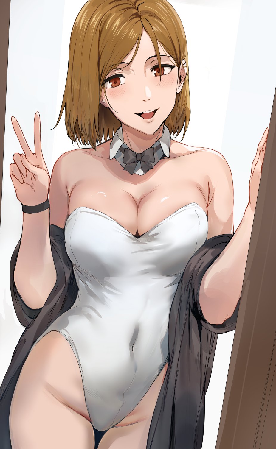 1girls, brown hair, brown-haired female, female, female focus, female only, hews hack, jujutsu kaisen, kugisaki nobara, light skin, light-skinned female, looking at viewer, pale skin, pale-skinned female, simple background, solo, solo female, solo focus, thick thighs, wide hips