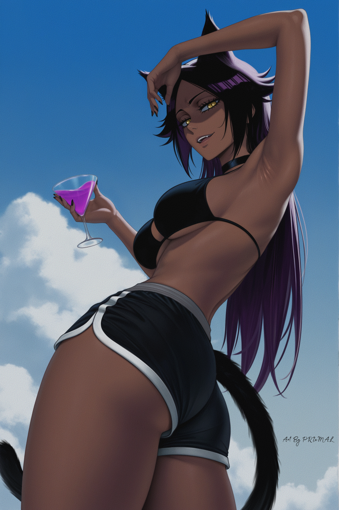 1girl, 1girls, armpits, artist signature, ass, big breasts, black nails, bleach, bleach: the thousand-year blood war, bra, brown skin, cat ears, cat eyes, cat girl, cat tail, catgirl, choker, clouds, dark-skinned female, drinking glass, fangs, feline, female, female focus, female only, fur, glass, hand above head, high resolution, highres, hot, long hair, long tail, nail polish, nails, pants, prixmal, purple hair, seductive, seductive eyes, seductive look, seductive pose, seductive smile, sexy, sexy body, sexy clothing, sexy female, sexy pose, shihouin yoruichi, sky, smile, sunlight, swimsuit, thighs, yellow eyes, yoruichi shihouin