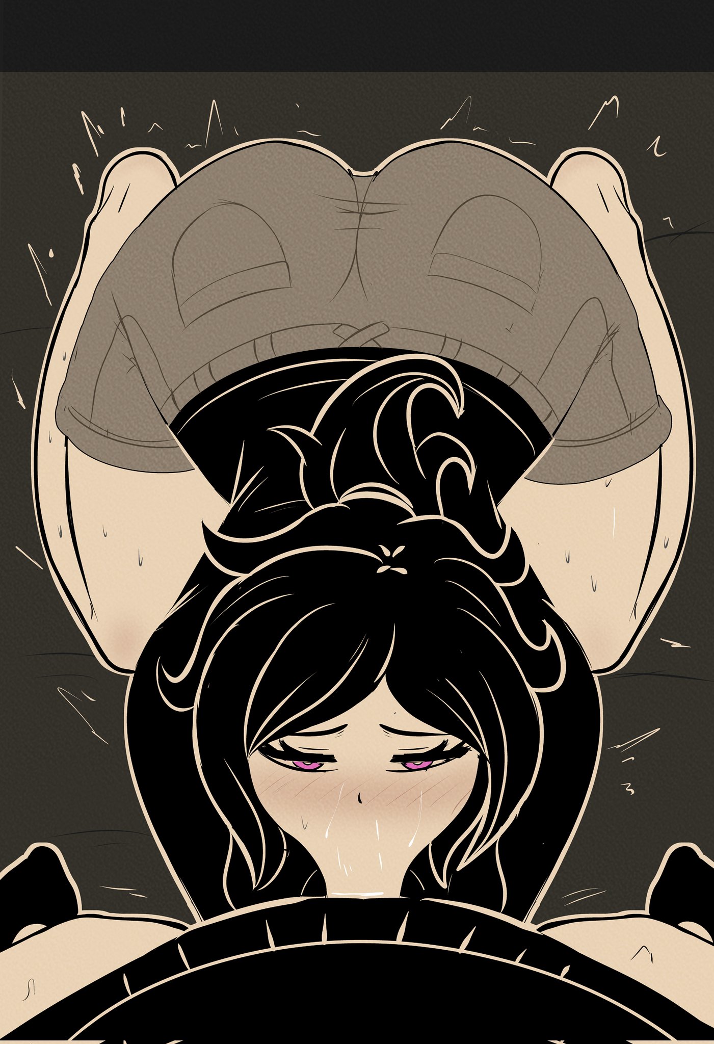 :>=, 1boy, 1girls, 2d, andrew graves, ashley graves, ass, black hair, blowjob, brother and sister, clothed, fellatio, female, fuzzlogik, incest, kneeling, male, oral, pink eyes, ponytail, pov, siblings, straight, the coffin of andy and leyley