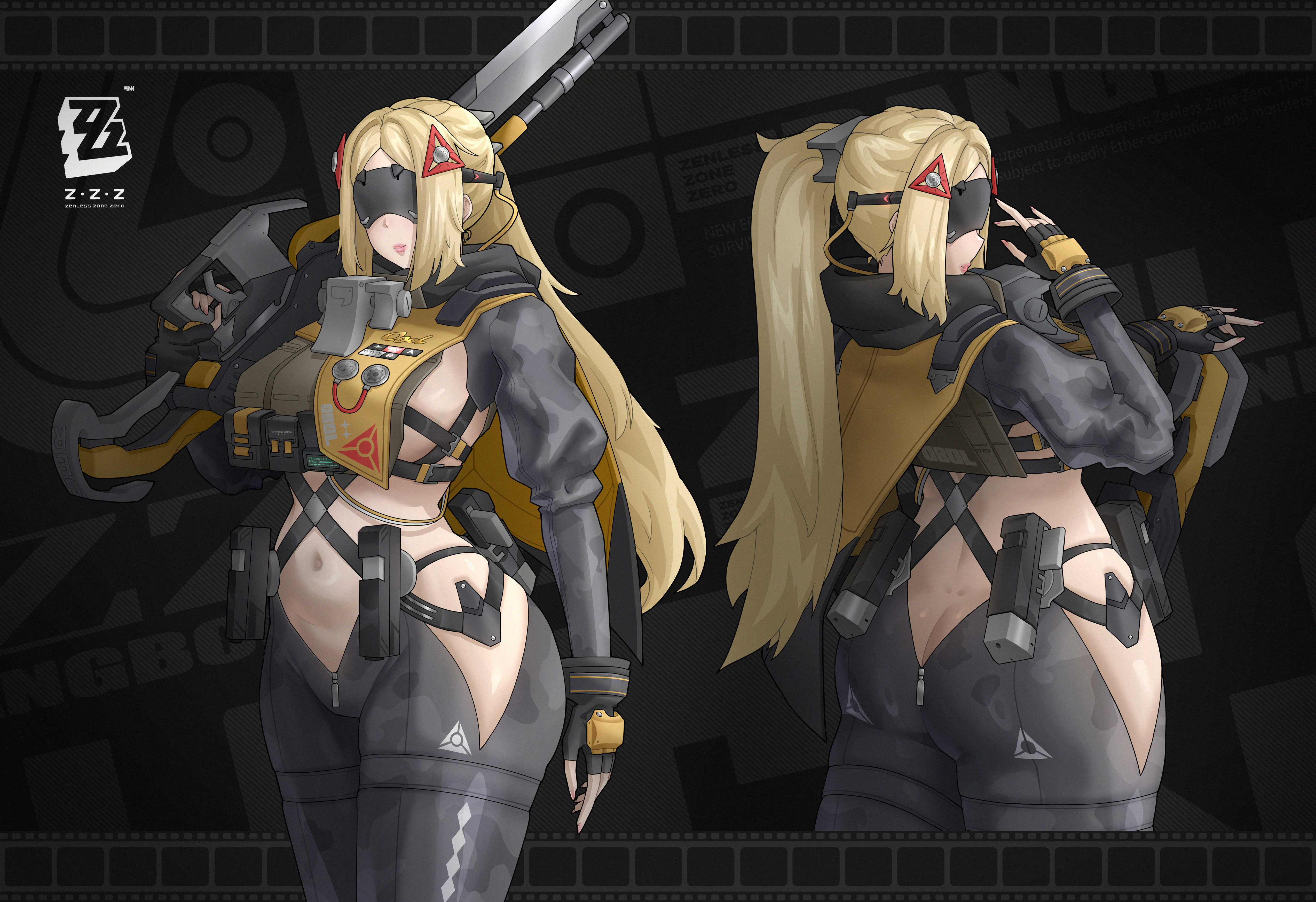1girls, ass, big ass, big breasts, blonde hair, body armor, breasts, bubble butt, busty, clothing, colored nails, fat ass, female, female only, front view, gun, huge ass, huge breasts, large ass, large breasts, long nails, looking at viewer, looking back, painted nails, pink nails, rear view, rifle, sniper, sniper rifle, soldier, solo, svencorvus, thick ass, thick thighs, thunder thighs, trigger (zenless zone zero), visor, weapon, wide hips, zenless zone zero