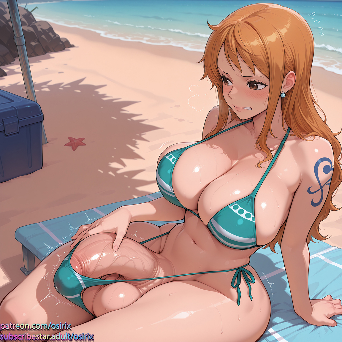 2026, ai, ai art, ai generated, color, colored, erection, erection under clothes, futa only, futanari, imminent fellatio, imminent oral, nami (one piece), one piece, osirix, pent up, self upload, stable diffusion, throbbing penis, uncensored